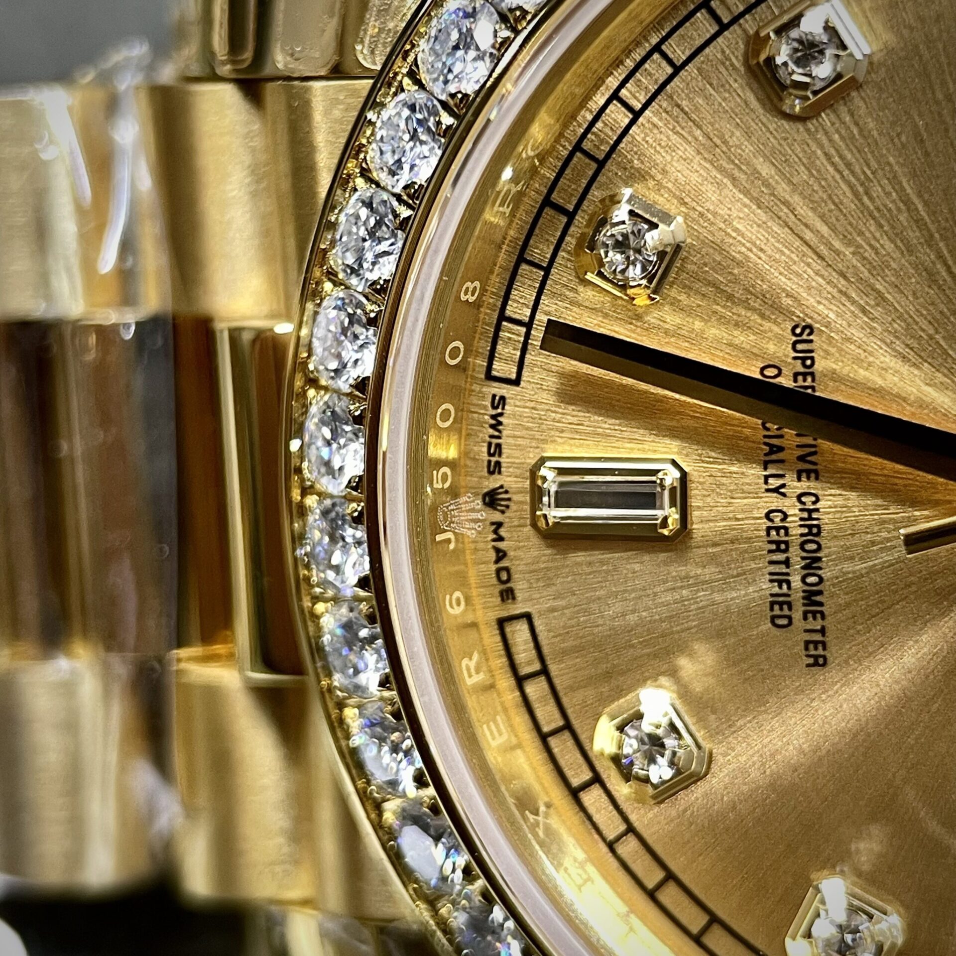Rolex Fake Watch Day-Date Yellow Dial Custom Moissanite Diamonds 40mm - Top club