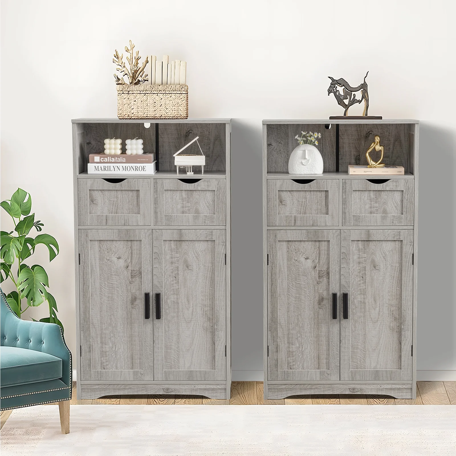 FANGSUM Rattan Storage Cabinet with 2 Drawers & 2 Shelves, Floor Cabinet for Living Room - Image 45