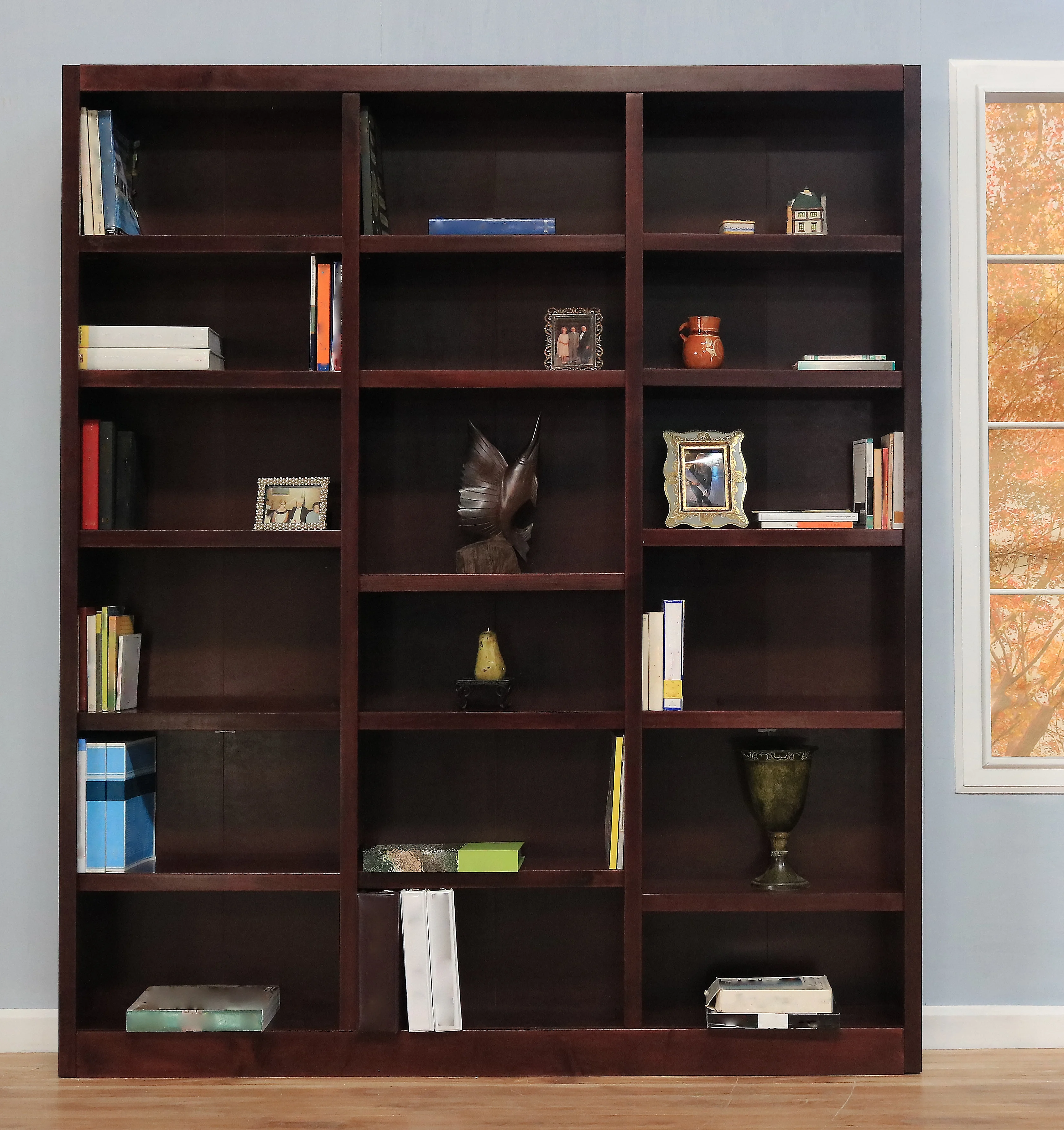 Concepts in Wood 18 Shelf Triple Wide Wood Bookcase, 84 inch Tall - Cherry Finish - Image 8