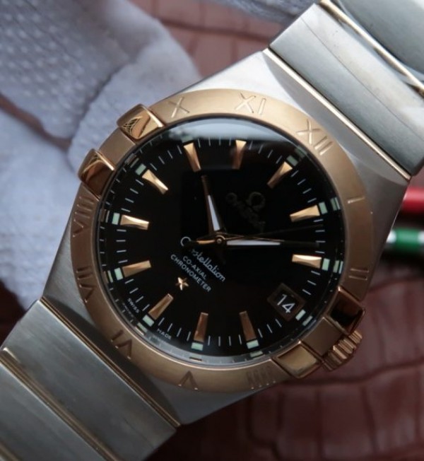 Replica Omega V6 Constellation 35mm YG Bezel Black Dial SS Bracelet A2500 - Elite Watch Atelier
