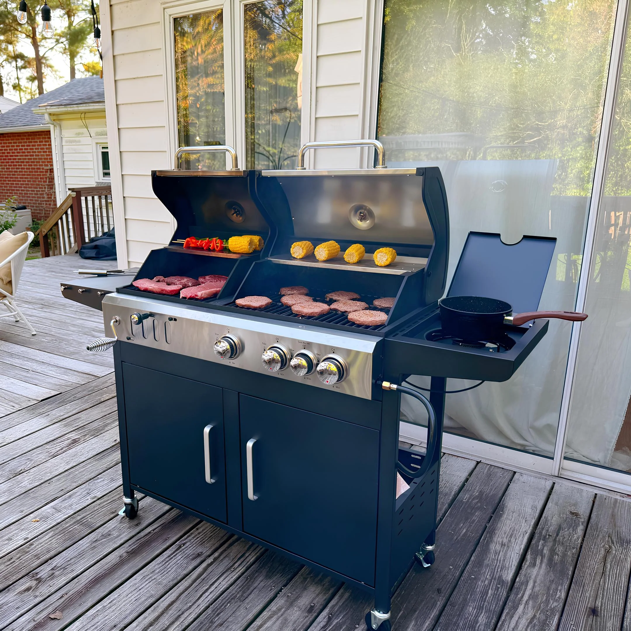 3-Burner Dual-Fuel Gas and Charcoal Grill Combo with Side Burner