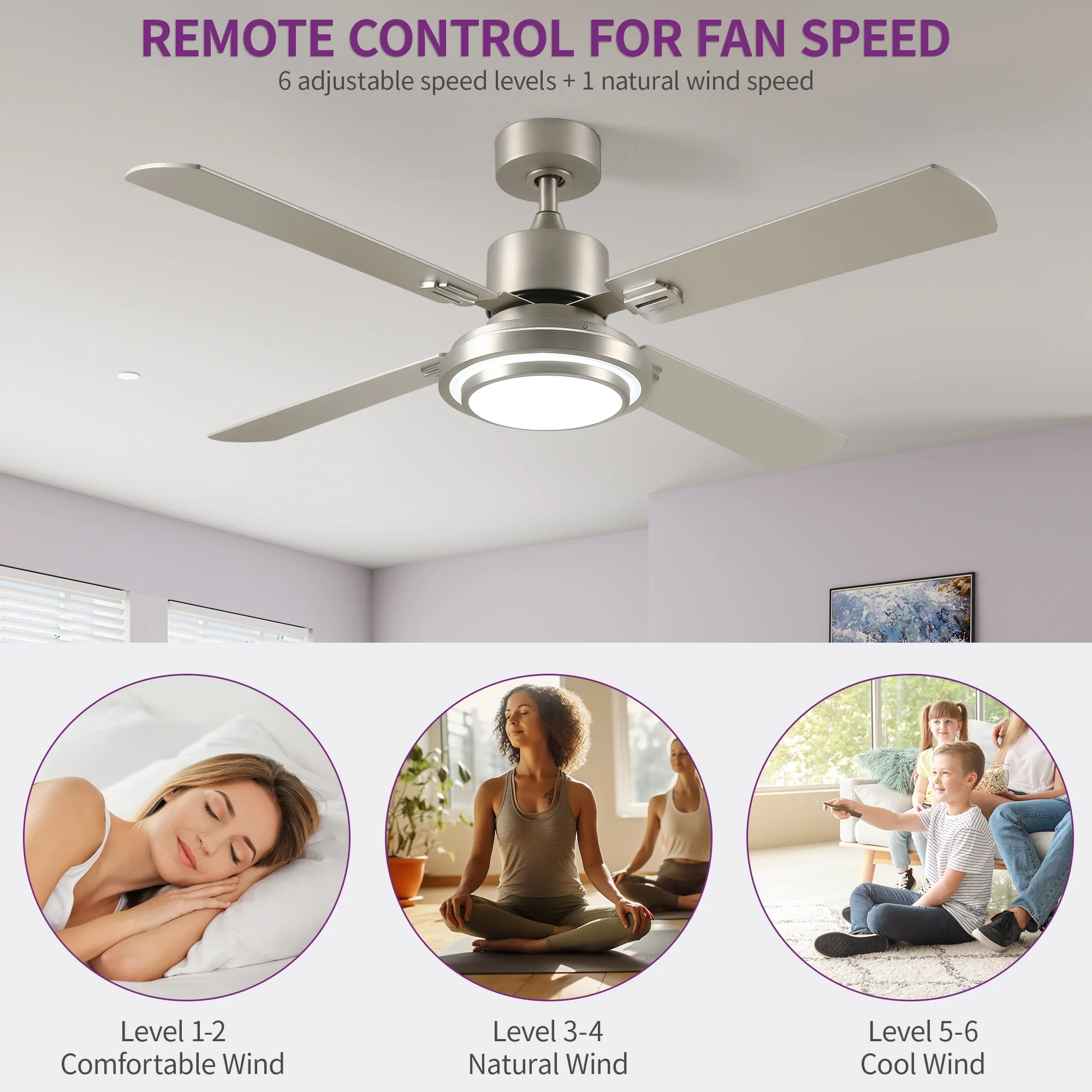 Dextrus 52'' Ceiling Fan with Light and Remote Control, 6 Speeds, 5 Timer Settings, and Dual-Finish Blades (Nickel) - Image 6