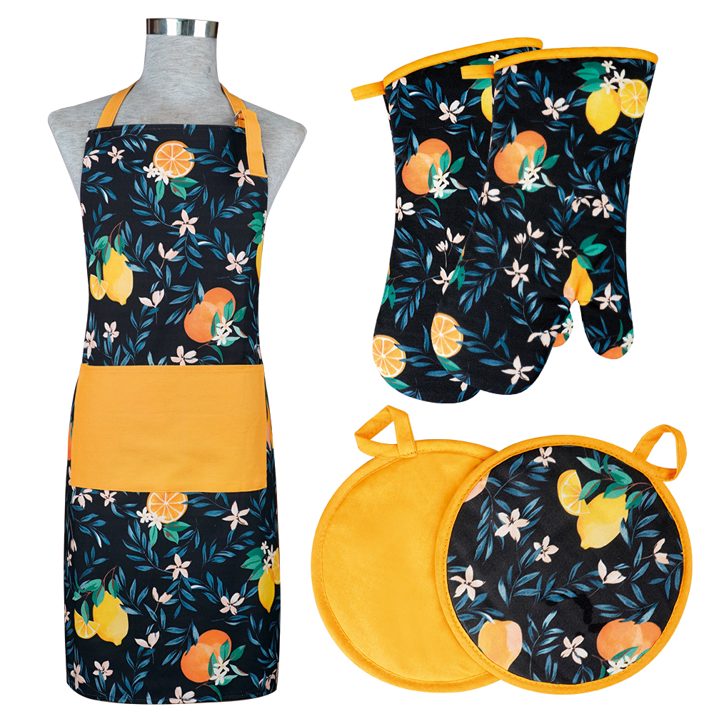 Sublimation Printed Kitchen Apron Set with Custom Logo Oven Mitt Tea Towel & Pot Holder