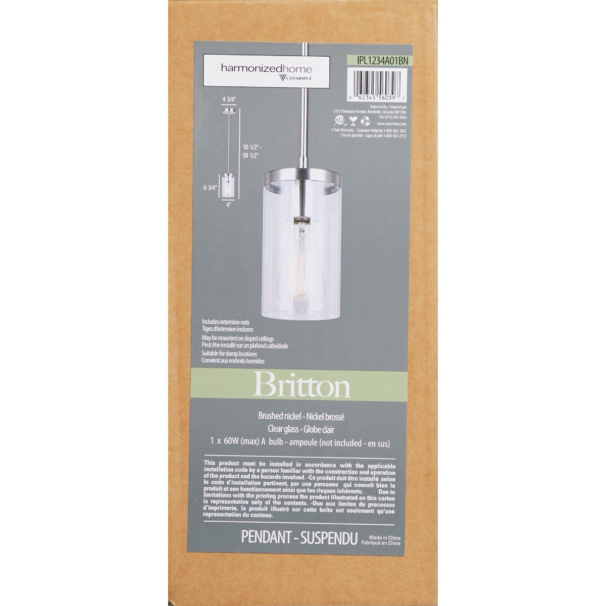 Canarm Britton Brushed Nickel Pendant Light Fixture, Clear Glass
