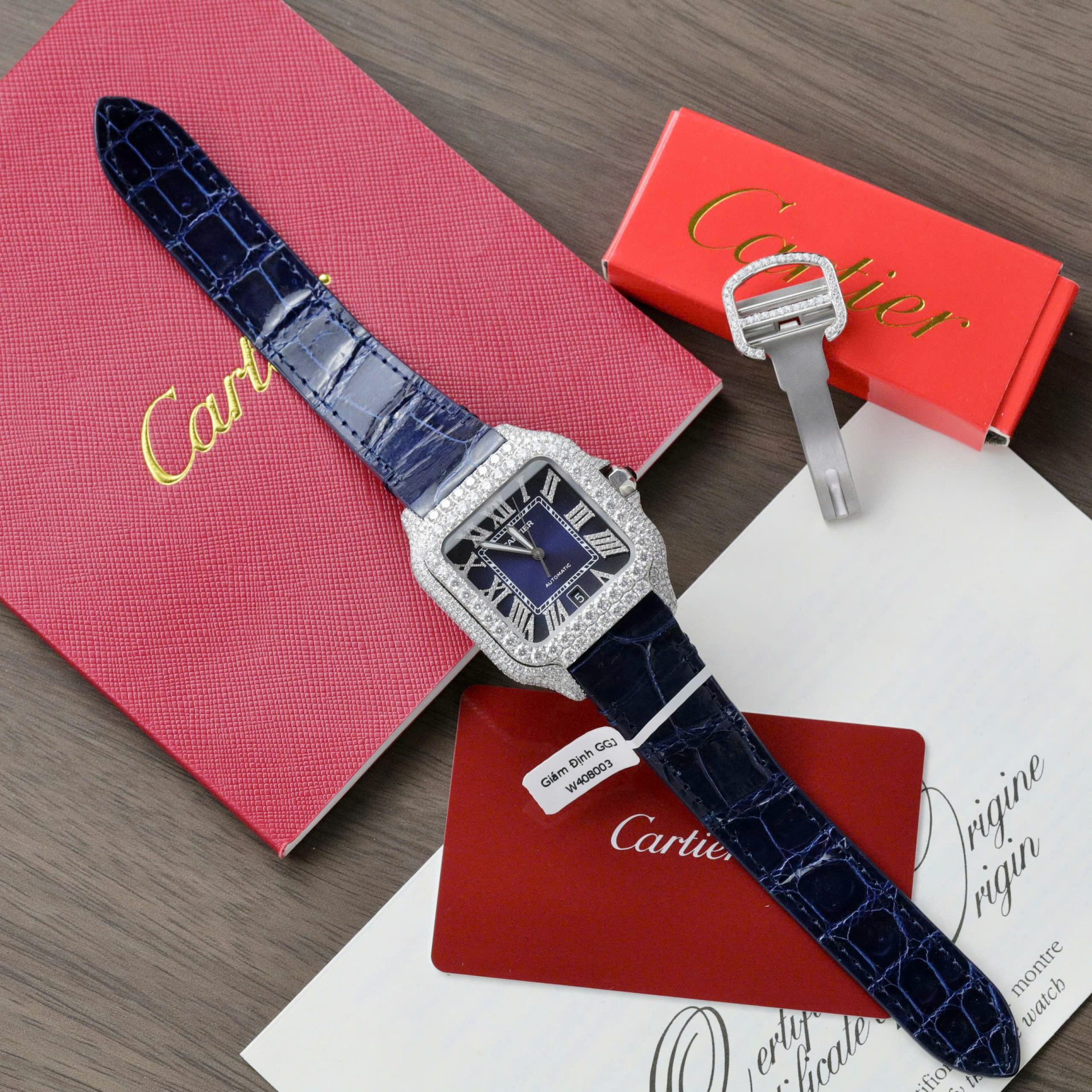 Cartier Santos Best Copies Watch Dial Blue Custom Diamonds Moissanite Hong Kong 39.8mm - Elite Watch Atelier