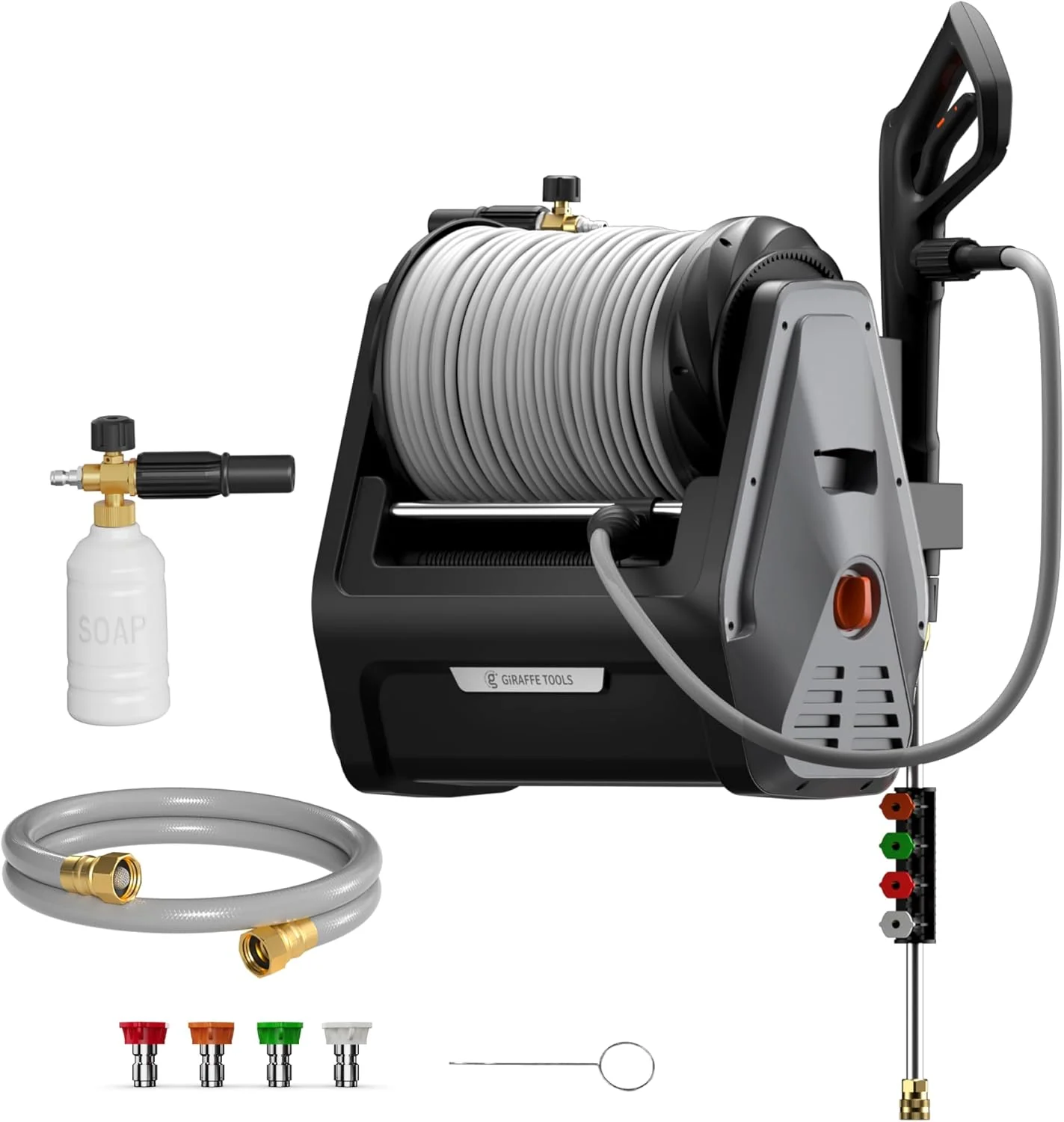 Giraffe Tools Grandfalls Retractable Wall Mount Pressure Washer Plus, 100ft Hose, 2900PSI, 2.2 GPM, Dark Silver - Grandfalls
