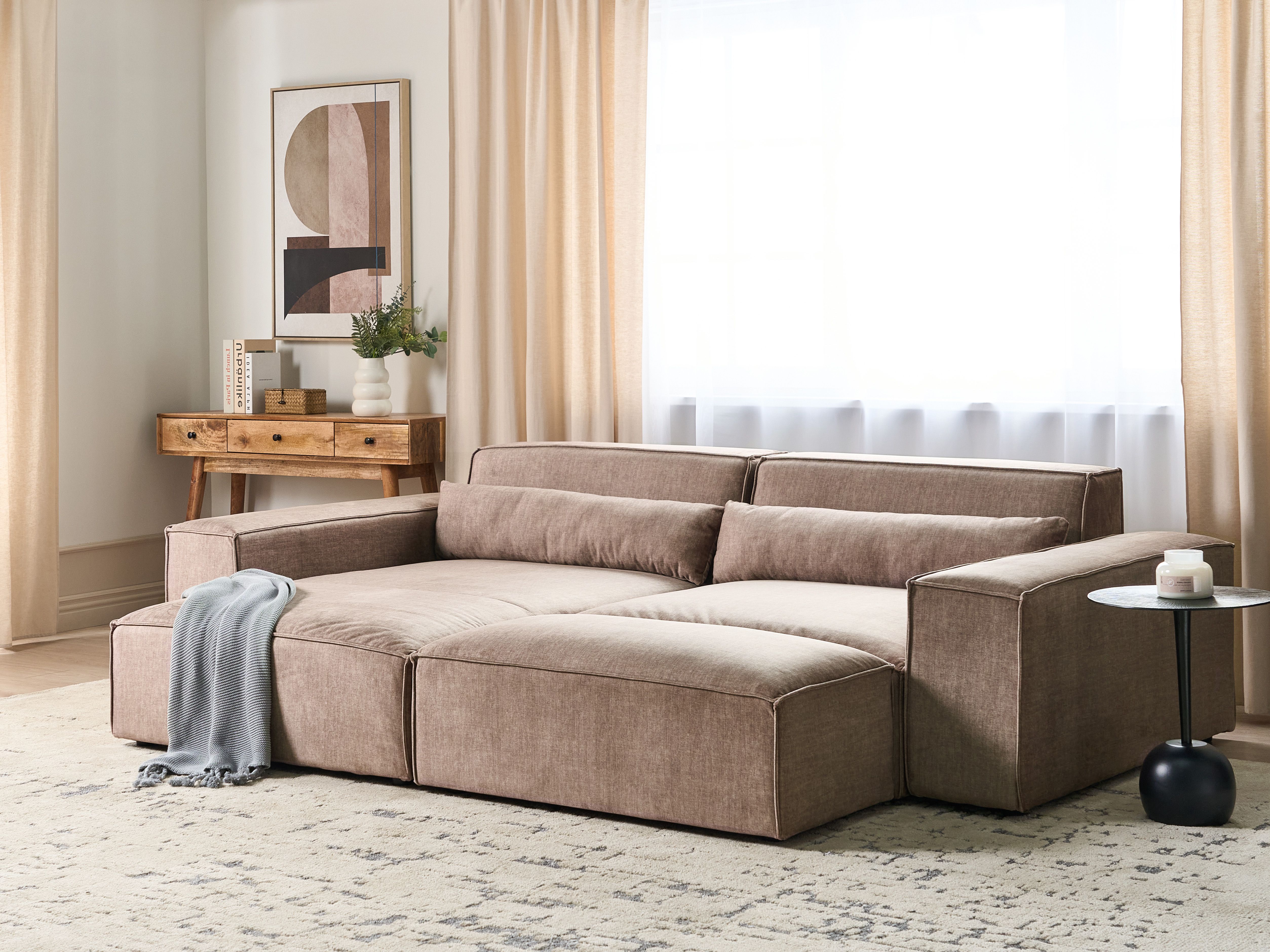 Modular Corner Sofa 2 Seater HELLNAR Fabric Light Brown with Ottoman Right Hand
