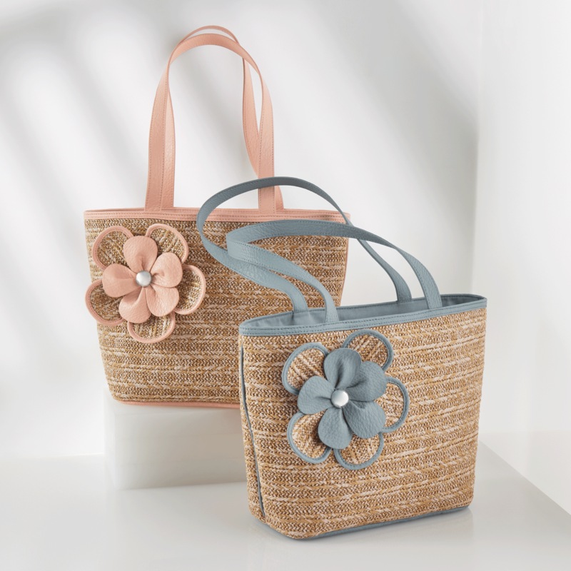 Synthetic Straw Tote with 3D Flower - MIDNIGHT VELVET CATALOG