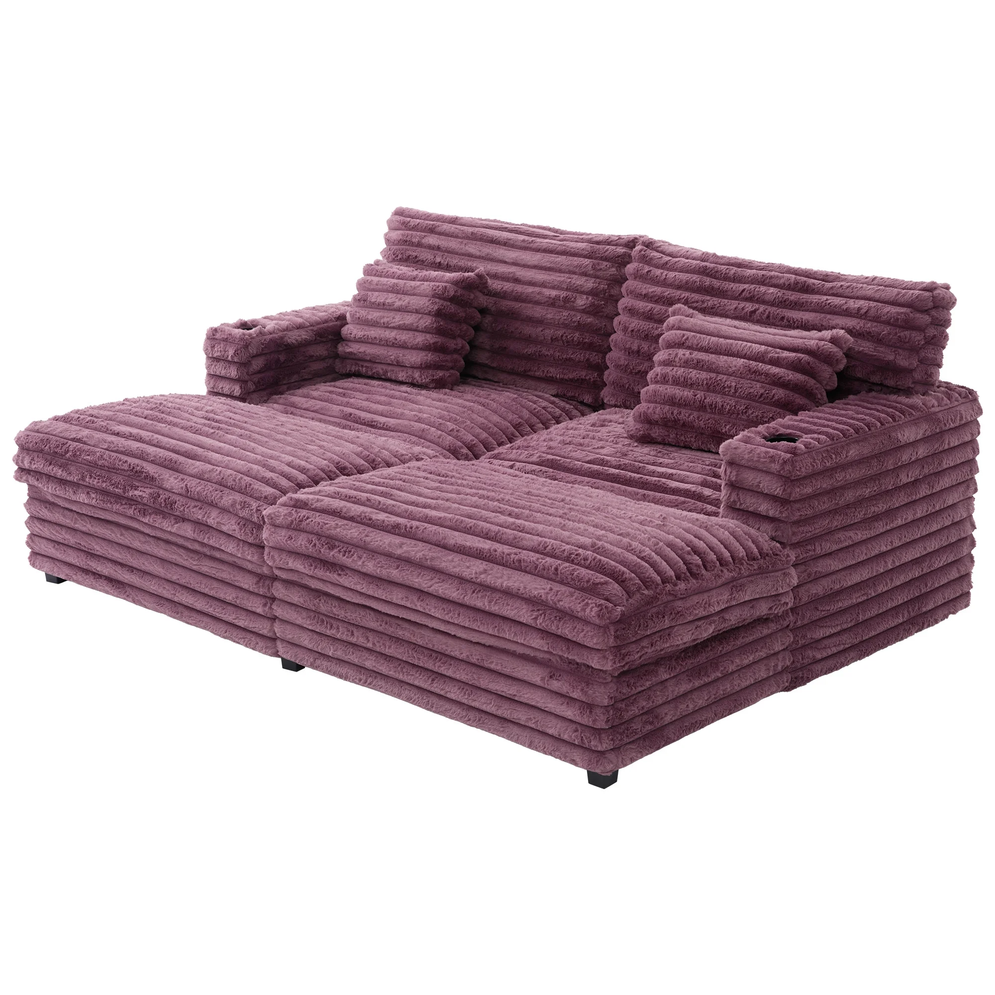 Oversized Double Chaise Lounge, Faux Fur Upholstered Deep Seat Sofa with 2 Pillows, 2 Cupholders, and Dual USB Ports - Image 2