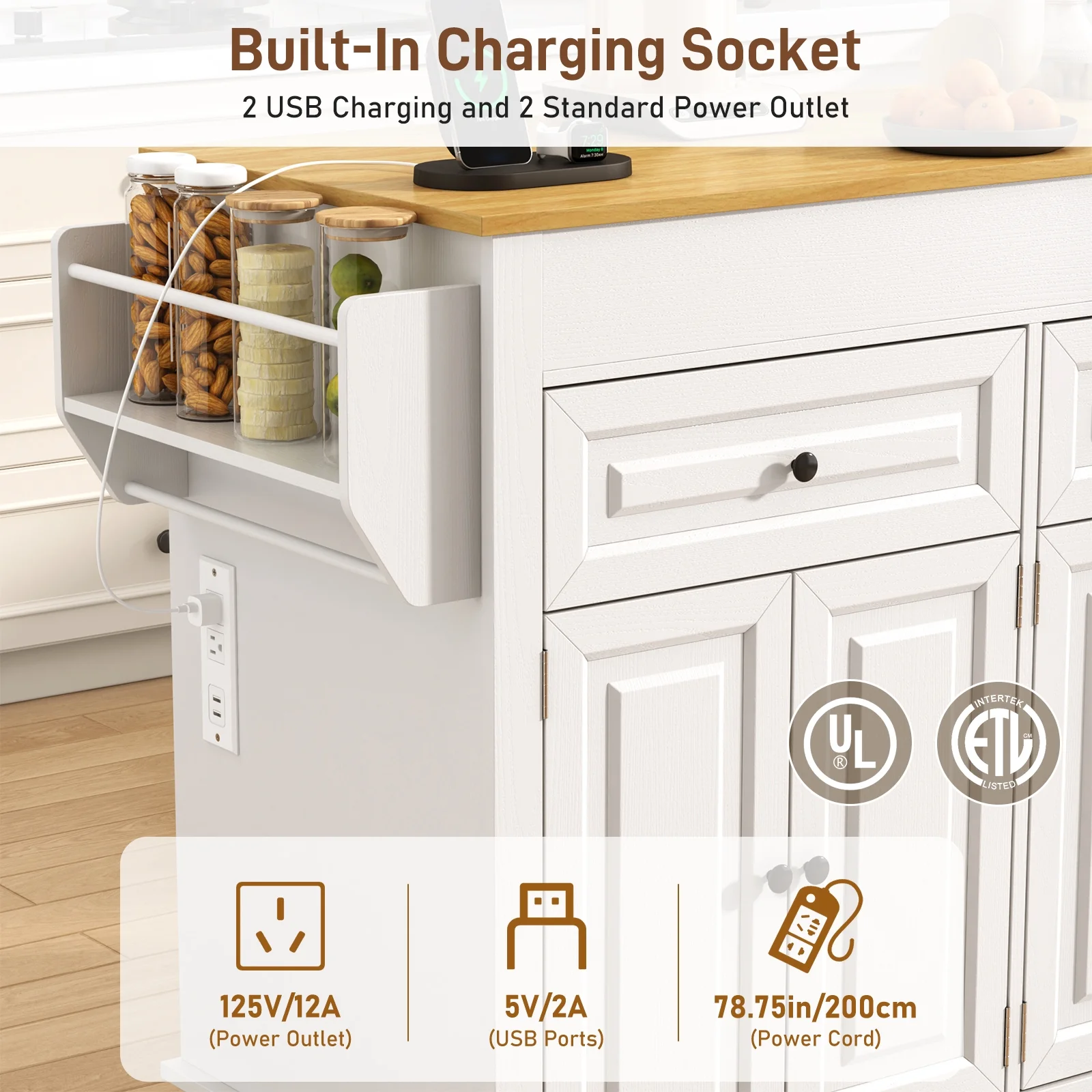 ANPOO Large Kitchen Island with Extendable Dining Table and Power Outlet, Rolling Kitchen Island Cart on Wheels with 2 Storage Cabinets & 2 Drawers & 3 Spice Racks, Island Table for Kitchen - Image 10
