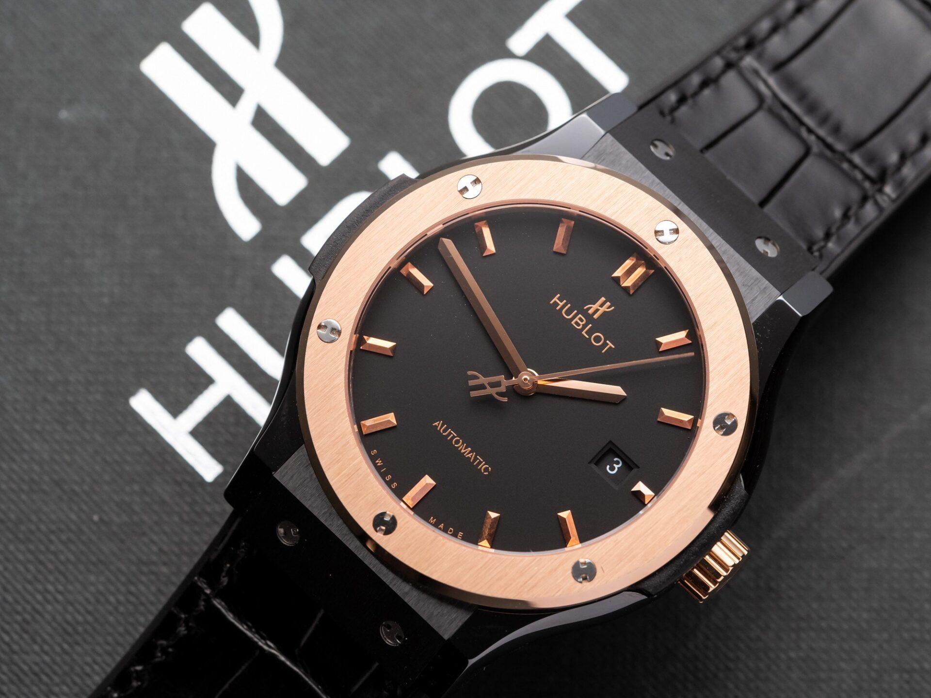Hublot Classic Fusion Ceramic Demi Rose Replica Watch Leather Strap GSF 42mm - Elite Watch Atelier