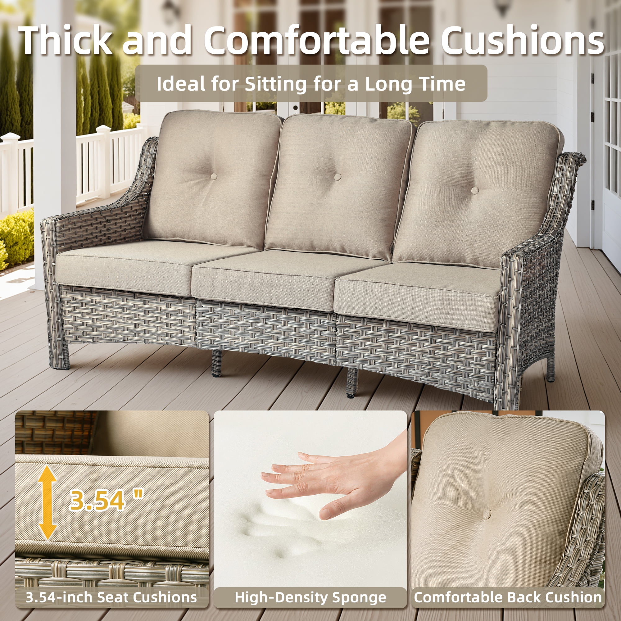 Ovios Outdoor Patio Sofa 3-Seater with Cushions All-Weather Wicker Rattan Couch for Garden, Porch, or Backyard - Image 26