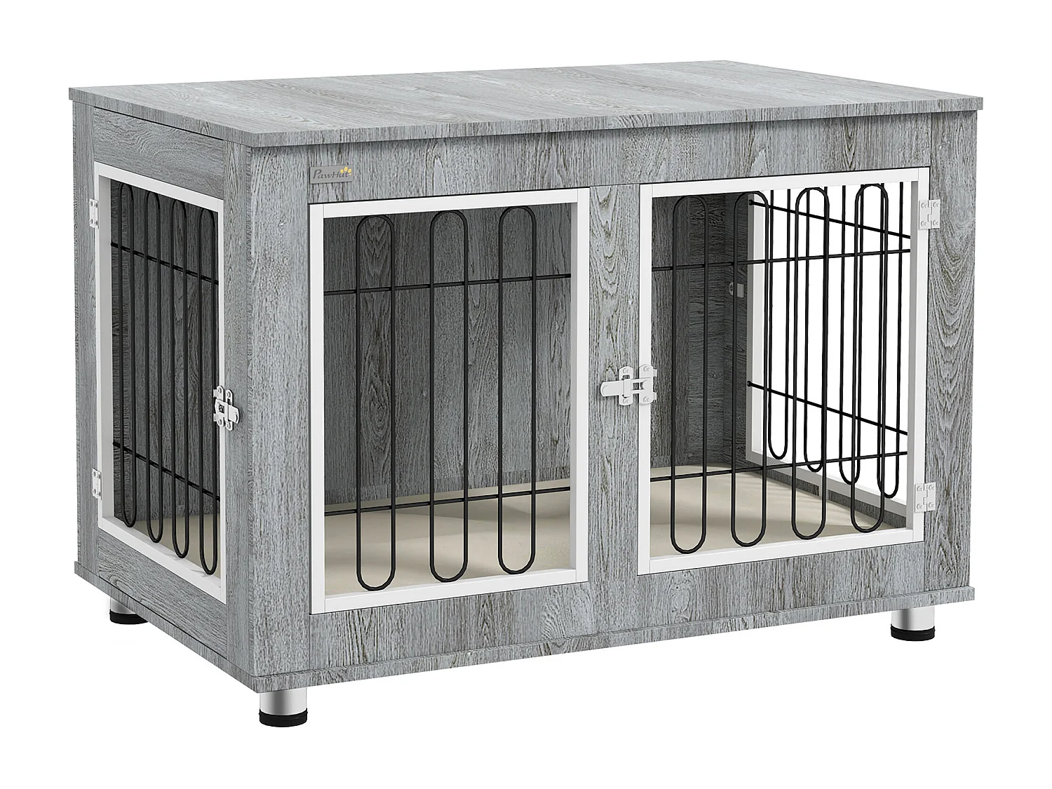 Cage pour chien sur pied - 2 portes verrouillables, coussin déhoussable inclus - acier filaire noir panneaux aspect bois gris