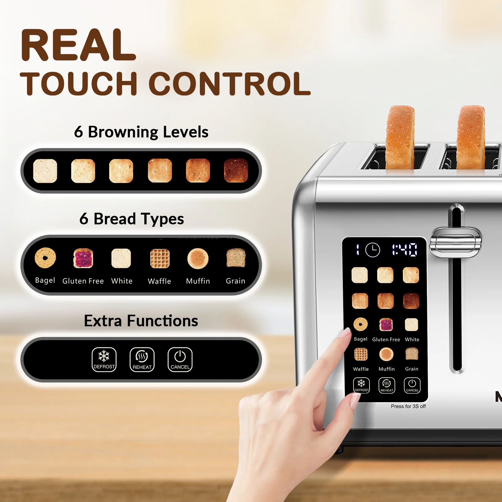 Mecity 4-Slice Touchscreen Toaster, Stainless Steel, 6 Browning Settings, Reheat, Cancel, Defrost, Removable Tray