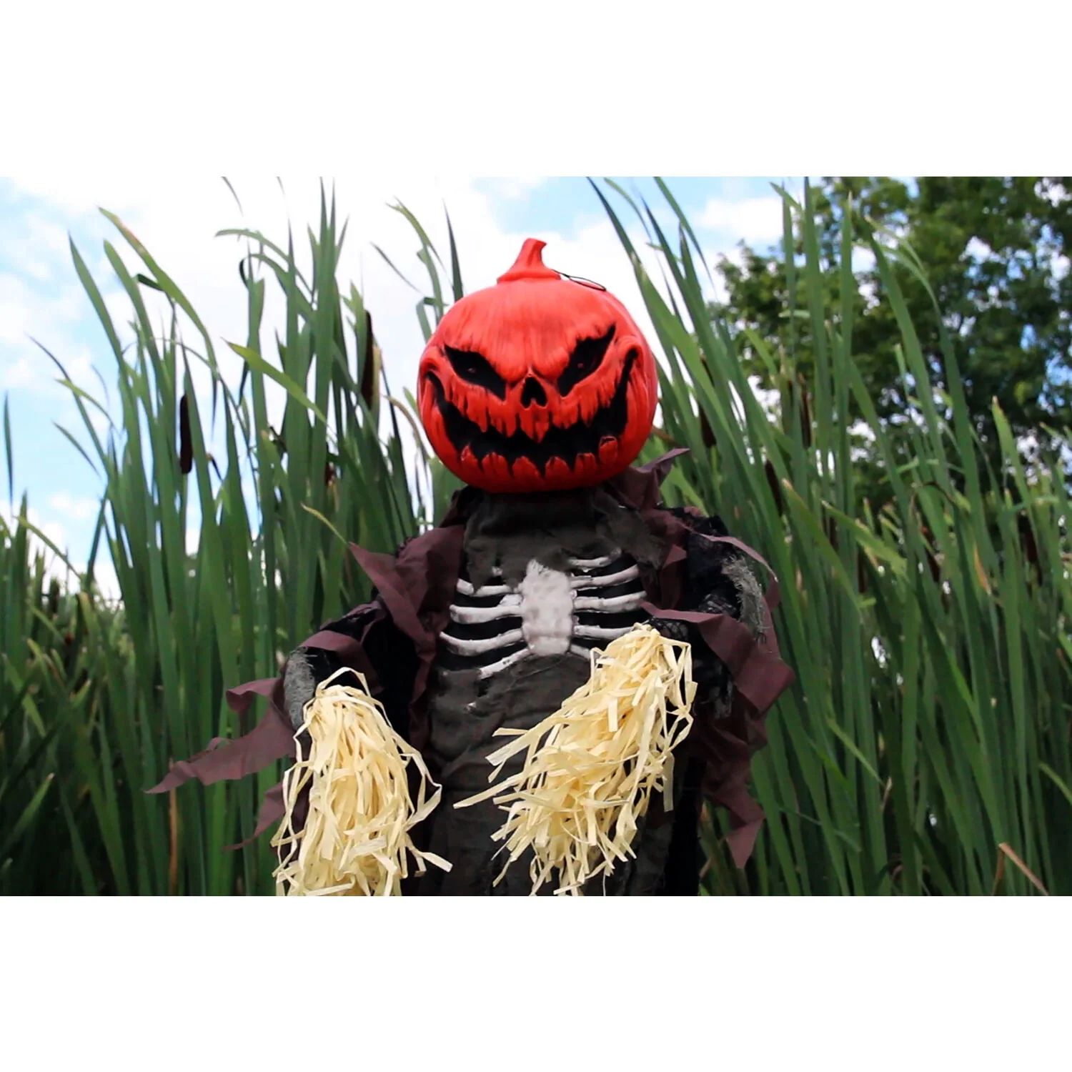 Haunted Hill Farm Life-Size Poseable 6.7-Ft. Pumpkin Scarecrow with Lights and Sound, Indoor or Covered Outdoor Halloween Decoration - Image 12 Haunted Hill Farm Life-Size Poseable 6.7-Ft. Pumpkin Scarecrow with Lights and Sound, Indoor or Covered Outdoor Halloween Decoration - Image 12