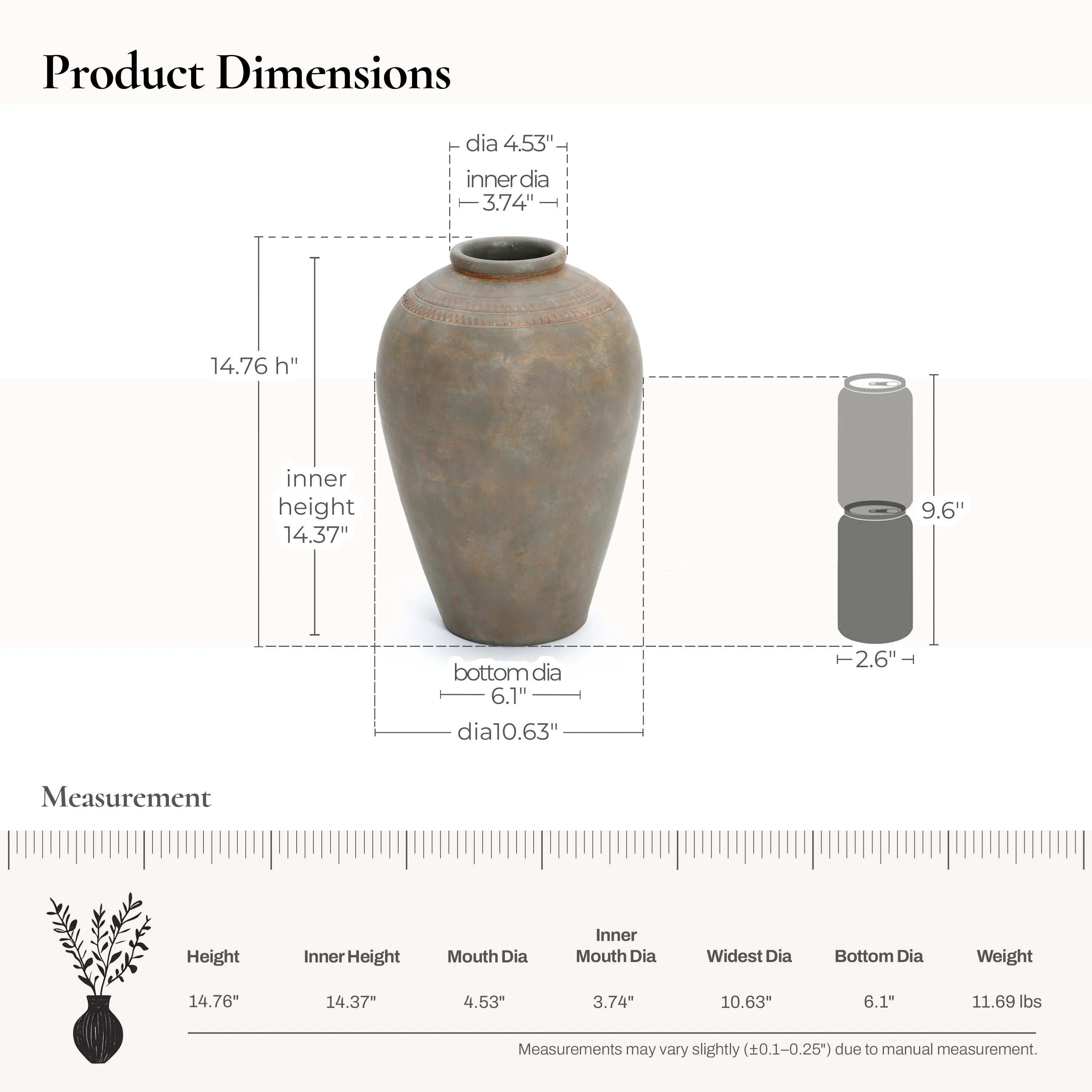 LuxenHome Rustic Ceramic Flower Vase, 14'' Brown Terracotta Urn Vases for Room Decor, Vintage Pottery Living Room Decor, Modern Farmhouse Floor Vase Home D��cor Accents