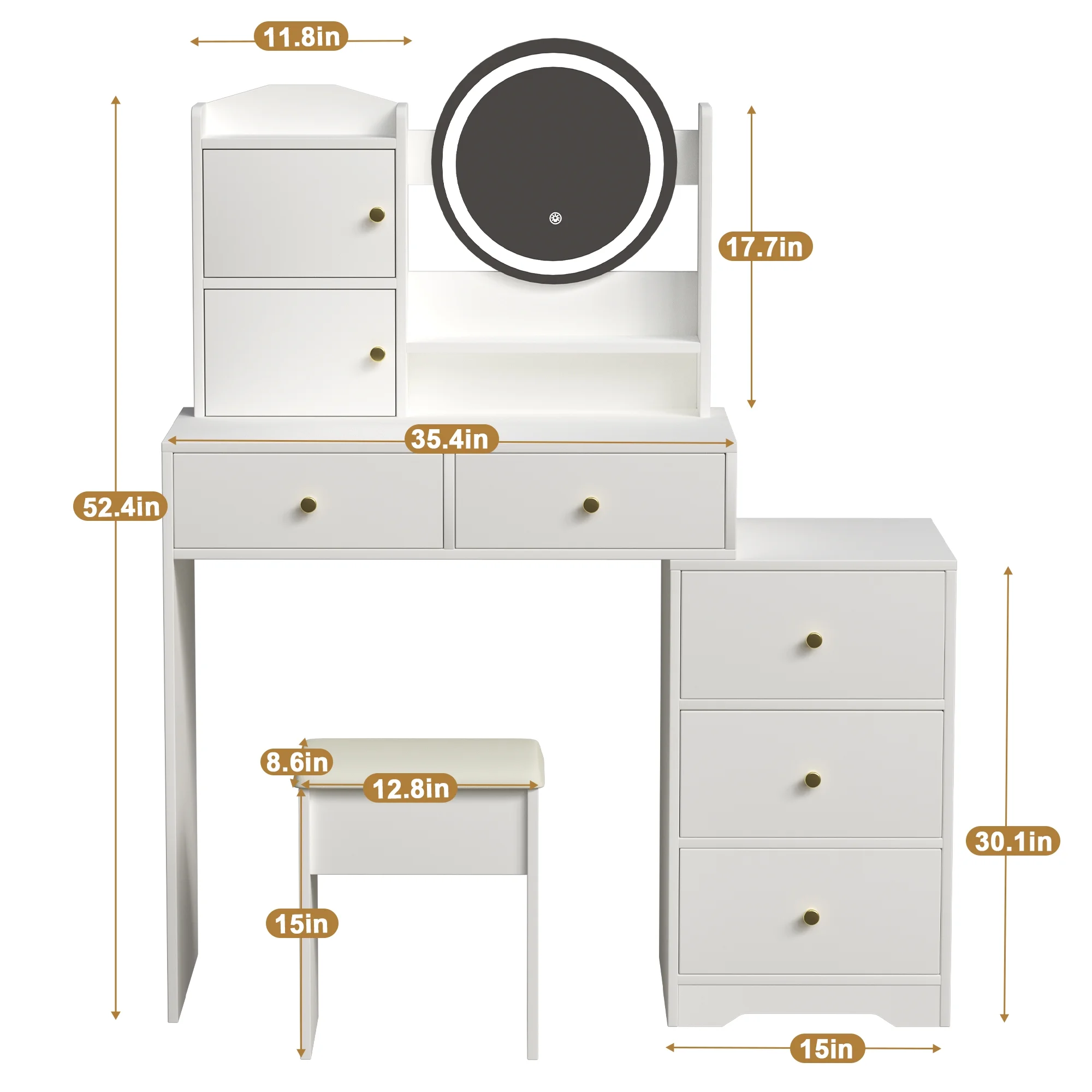 Montary Modern Mini Vanity w/Adjustable LED Mirror + Hidden Storage, Padded Stool & Dustproof Shelves (White) - Image 72