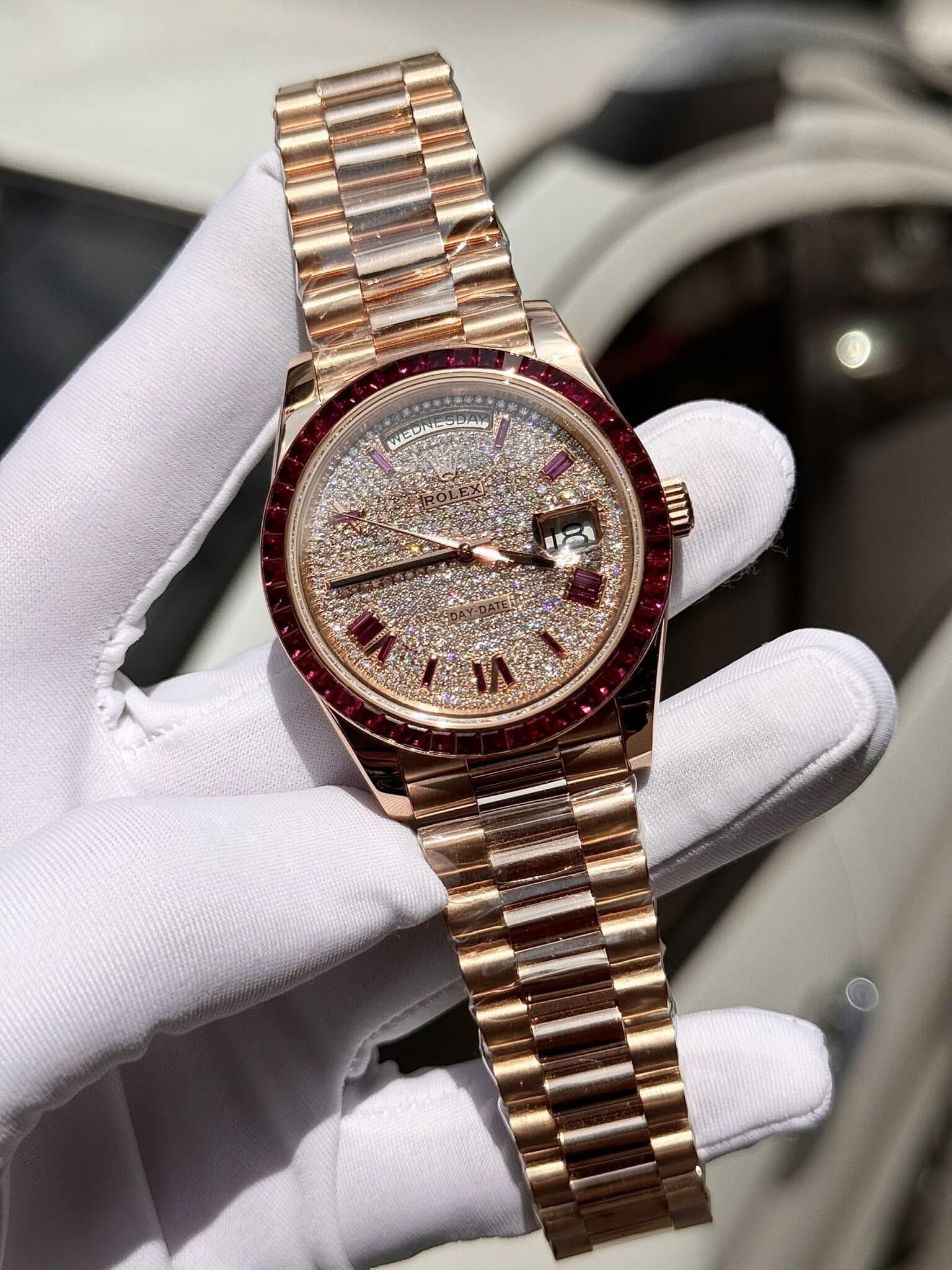Rolex Best Replica Watch Day-Date Custom Ruby Red   Baguette Moissanite Diamonds GM Factory 40mm - Elite Watch Atelier