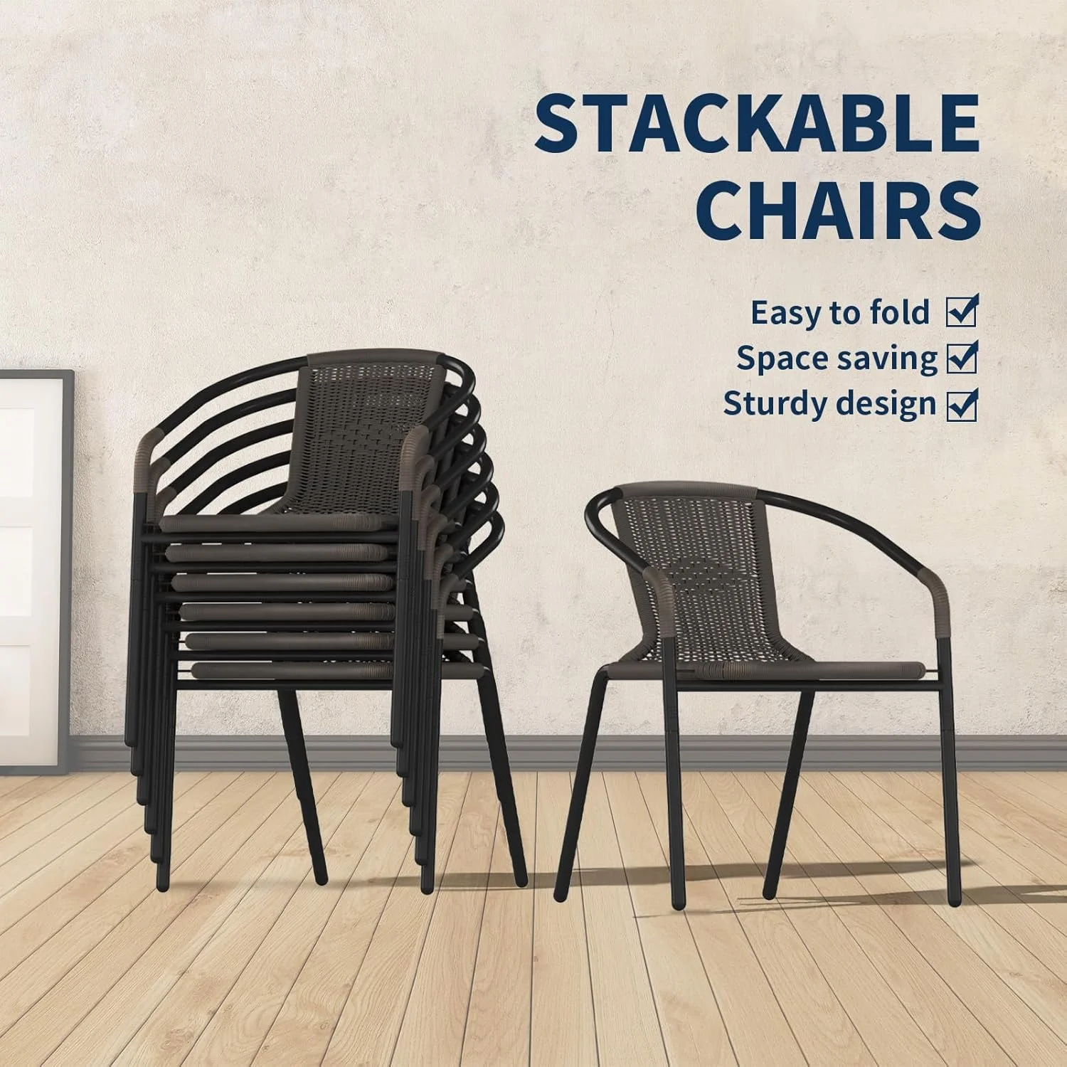 ELPOSUN Outdoor Dining Chairs Set of 6, Wicker Patio Chairs with Metal Frame, Rattan Indoor-Outdoor Chairs for Bistro, Deck, Backyard, Porch, Restaurant Stack Chair 6 Pack (Black) - Image 16