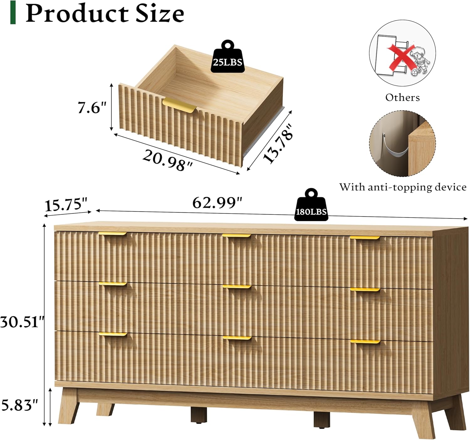 Fluted Dresser with 9 Drawers, 63