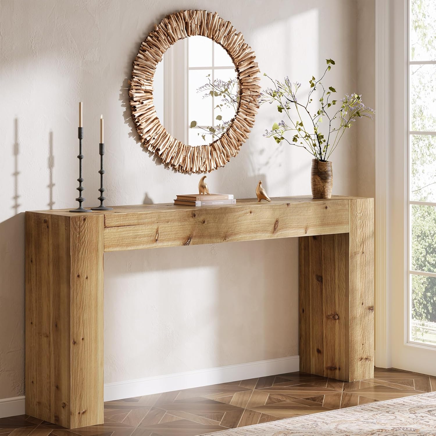 Solid Wood Console Table, 63-Inch Farmhouse Sofa Table Behind Couch for Entryway, Living Room, Foyer, Easy Assembly (Light Wood)