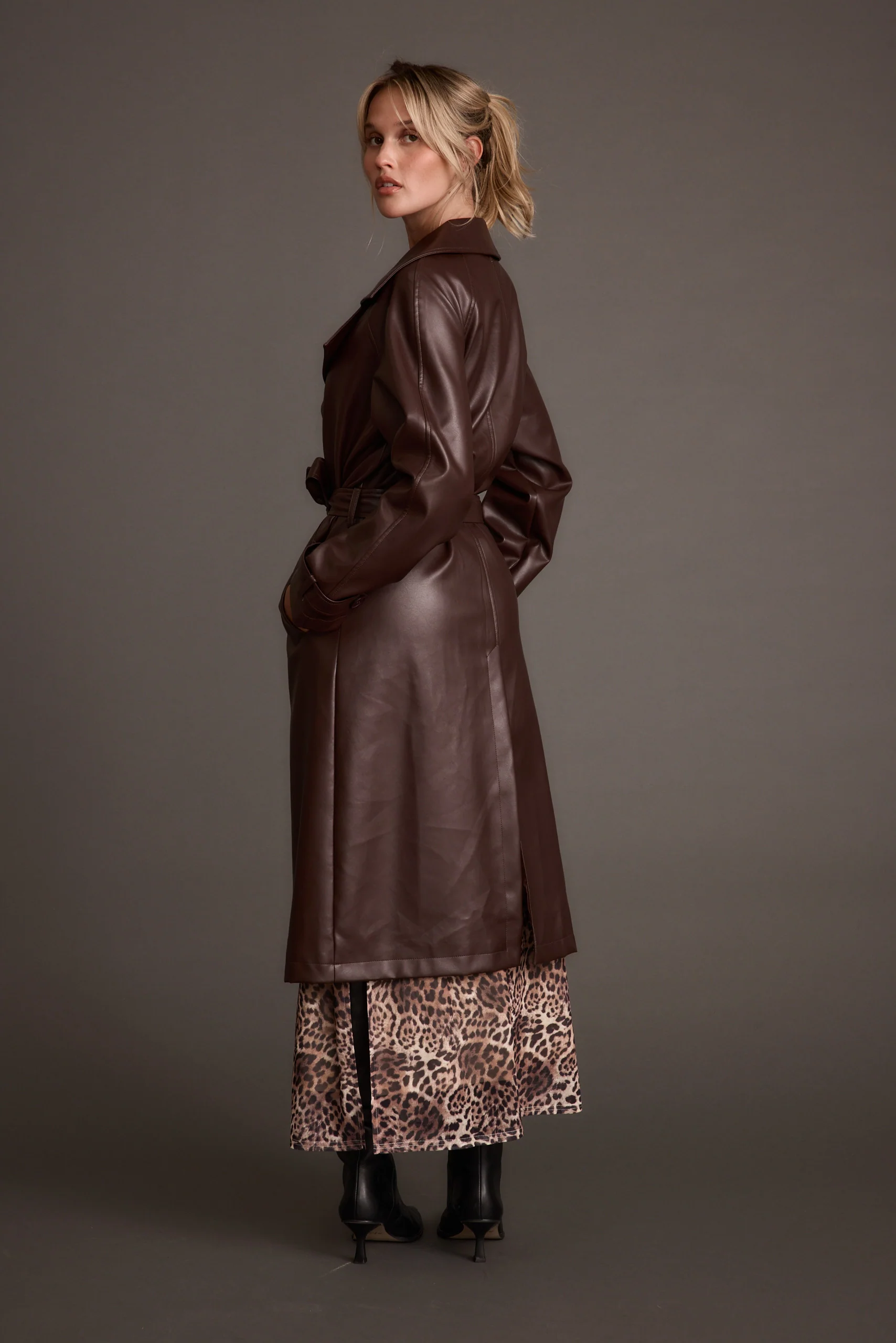 Brynne Faux Leather Mahogany Brown Trench
