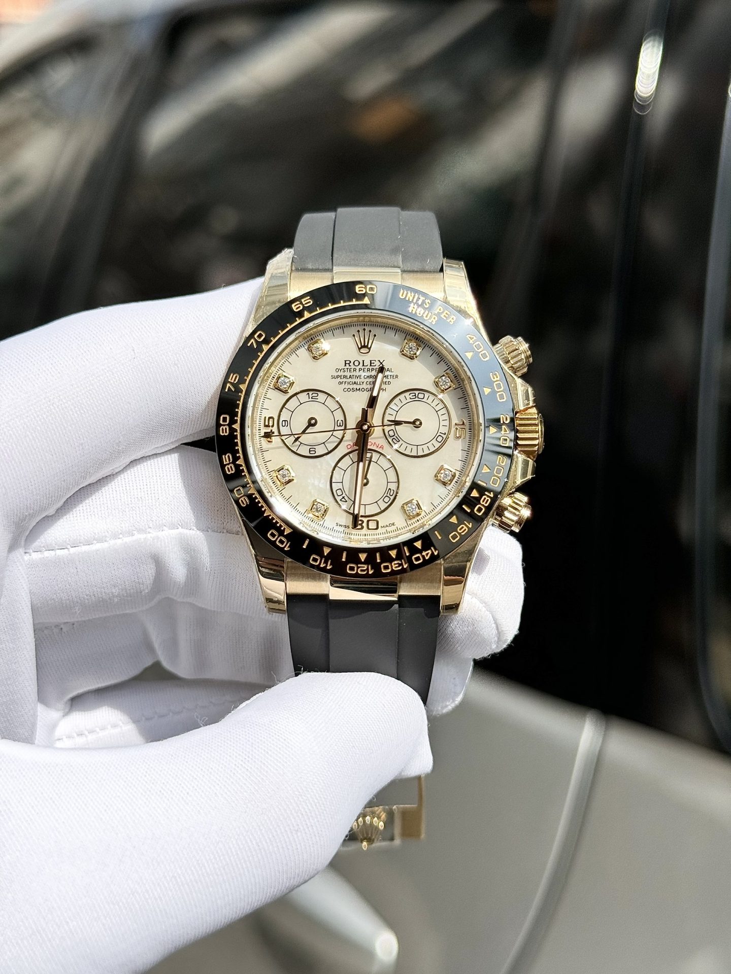 Rolex Daytona 116518 White Mother of Pearl Dial Rep 11 Watch With Moissanite Diamond Clean Factory 40mm - Elite Watch Atelier