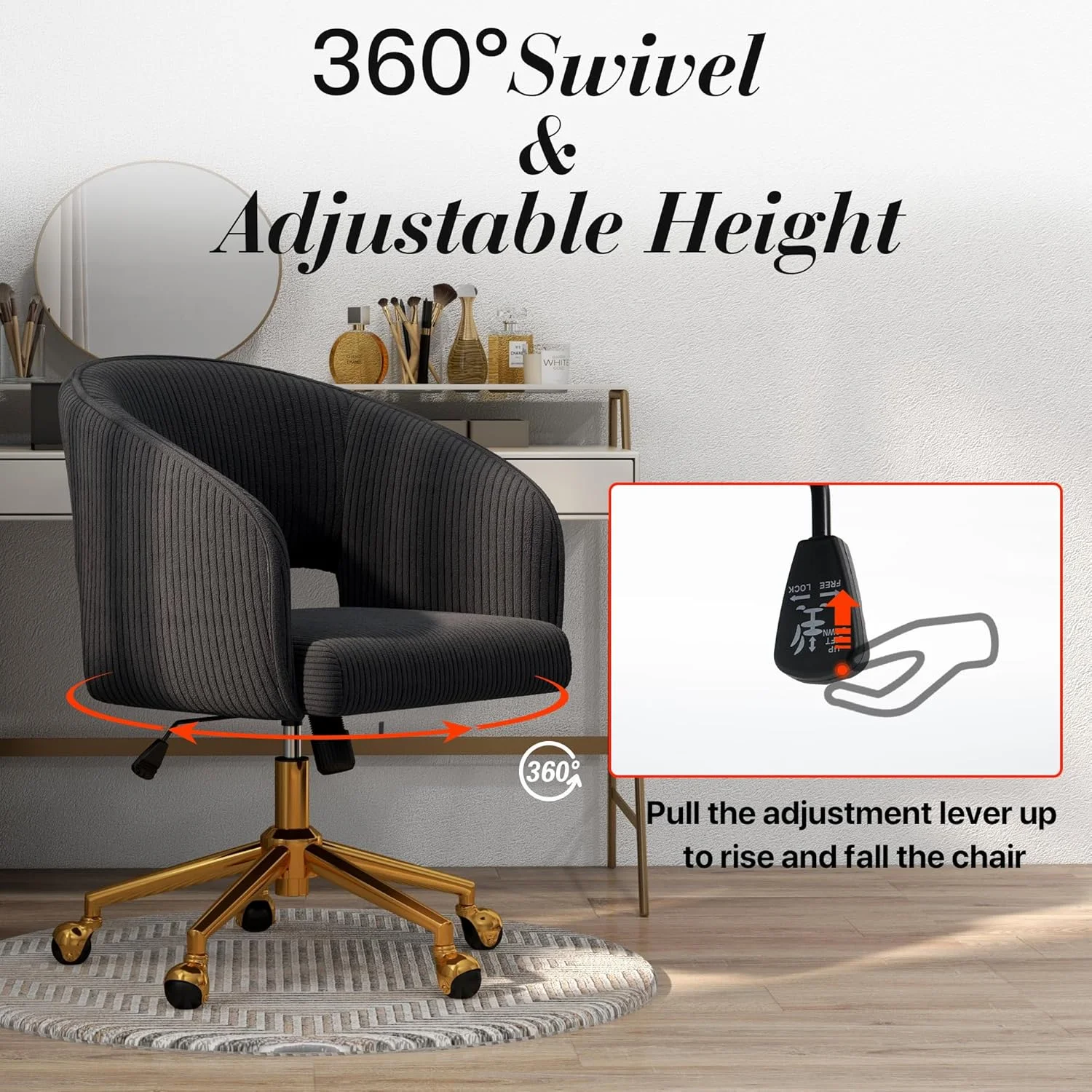 Home Office Swivel Desk Chair, Modern Velvet Vanity Chair, Height Adjustable Armchair with Gold Base, Ergonomic Office Chair for Task Study Computer Room, Beige - Image 43