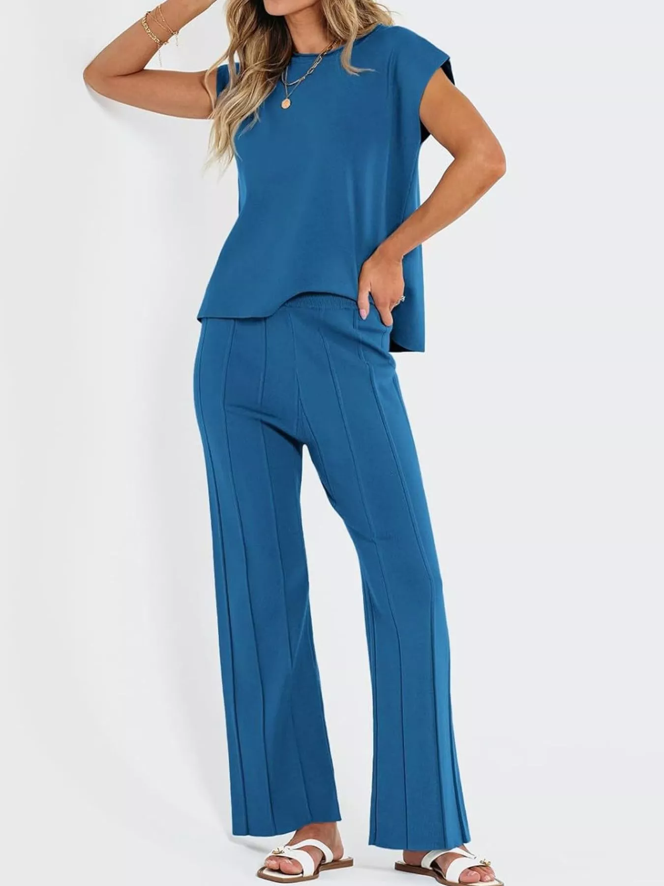 Casual Solid Color Cap Sleeve Top and Pants Knit Set - ZKZOOK