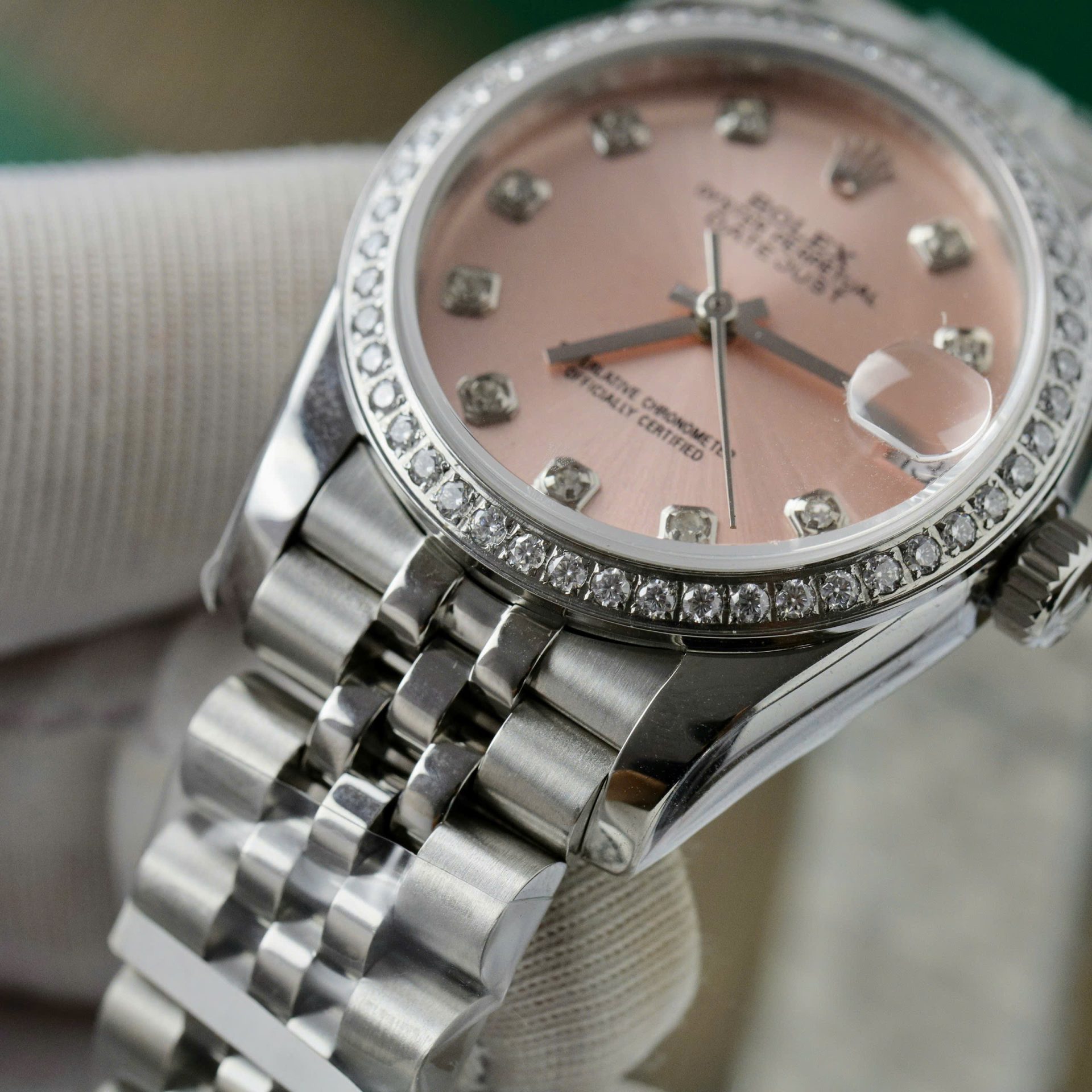 Rolex DateJust Replica Watch Womens Pink Dial Custom Moissanite Diamonds 31mm - Elite Watch Atelier