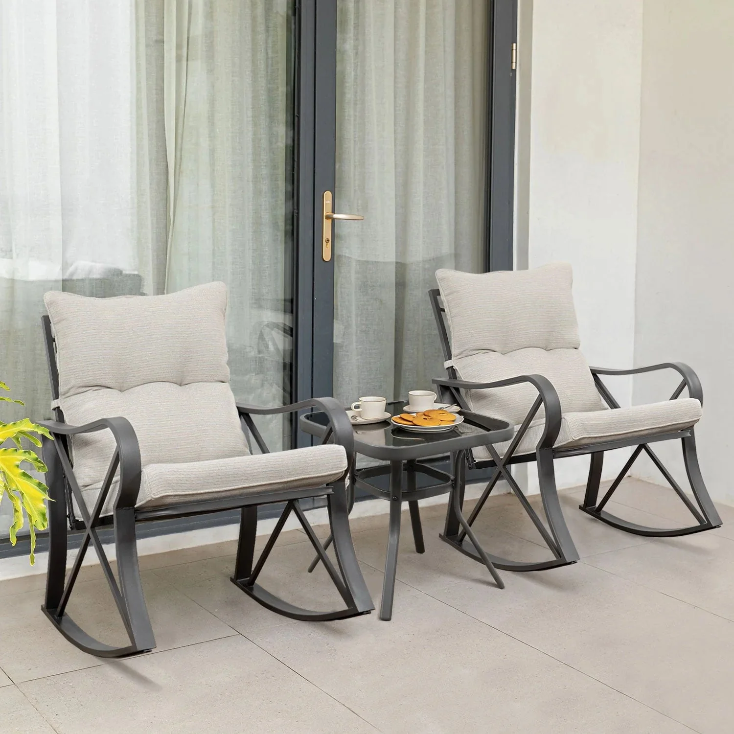 COSIEST 3 Piece Metal Bistro Set With Beige Cushions And Coffee Table - Image 3 COSIEST 3 Piece Metal Bistro Set With Beige Cushions And Coffee Table - Image 3