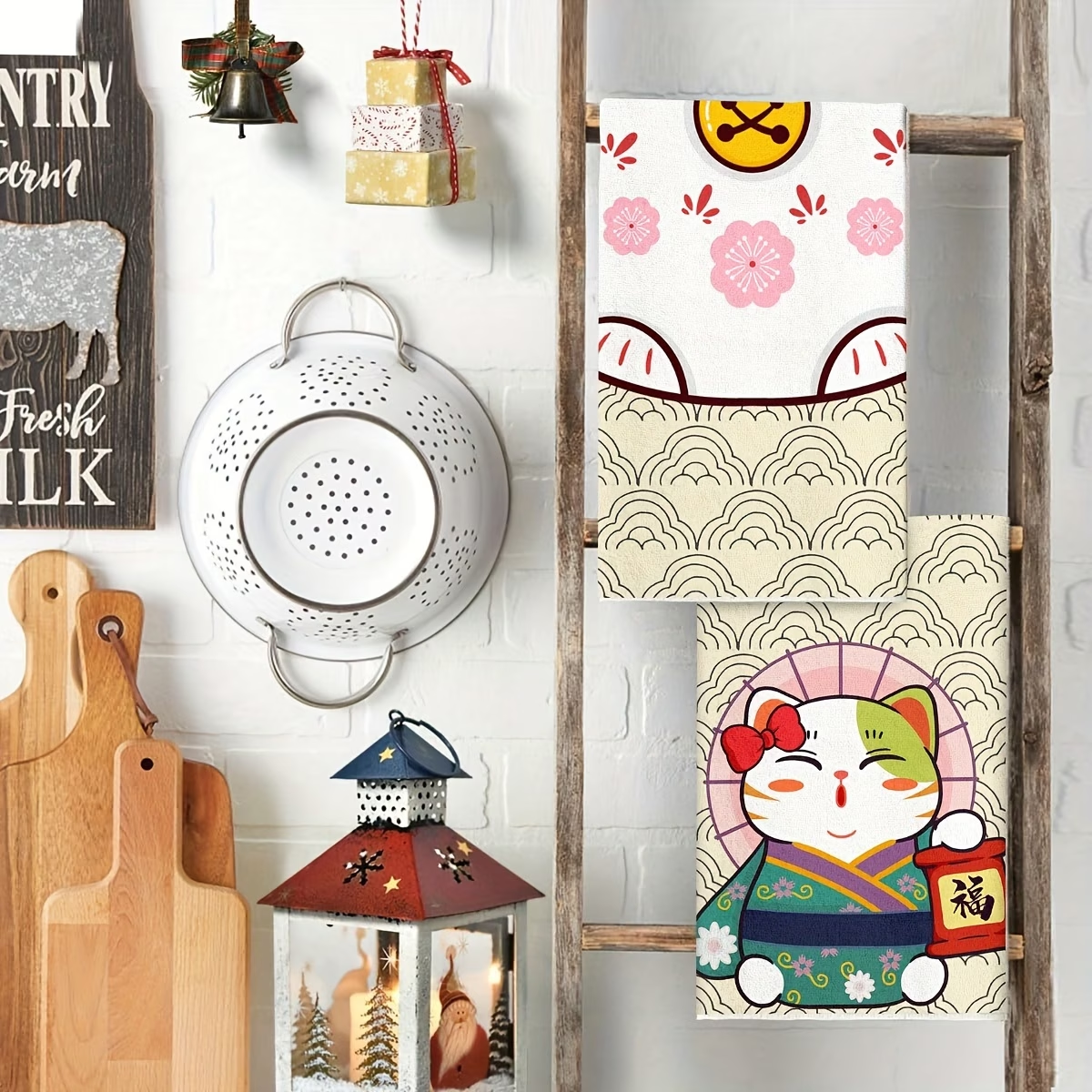 Fortune Cat Cartoon Printed Polyester Woven Tea Towel Kitchen Decor