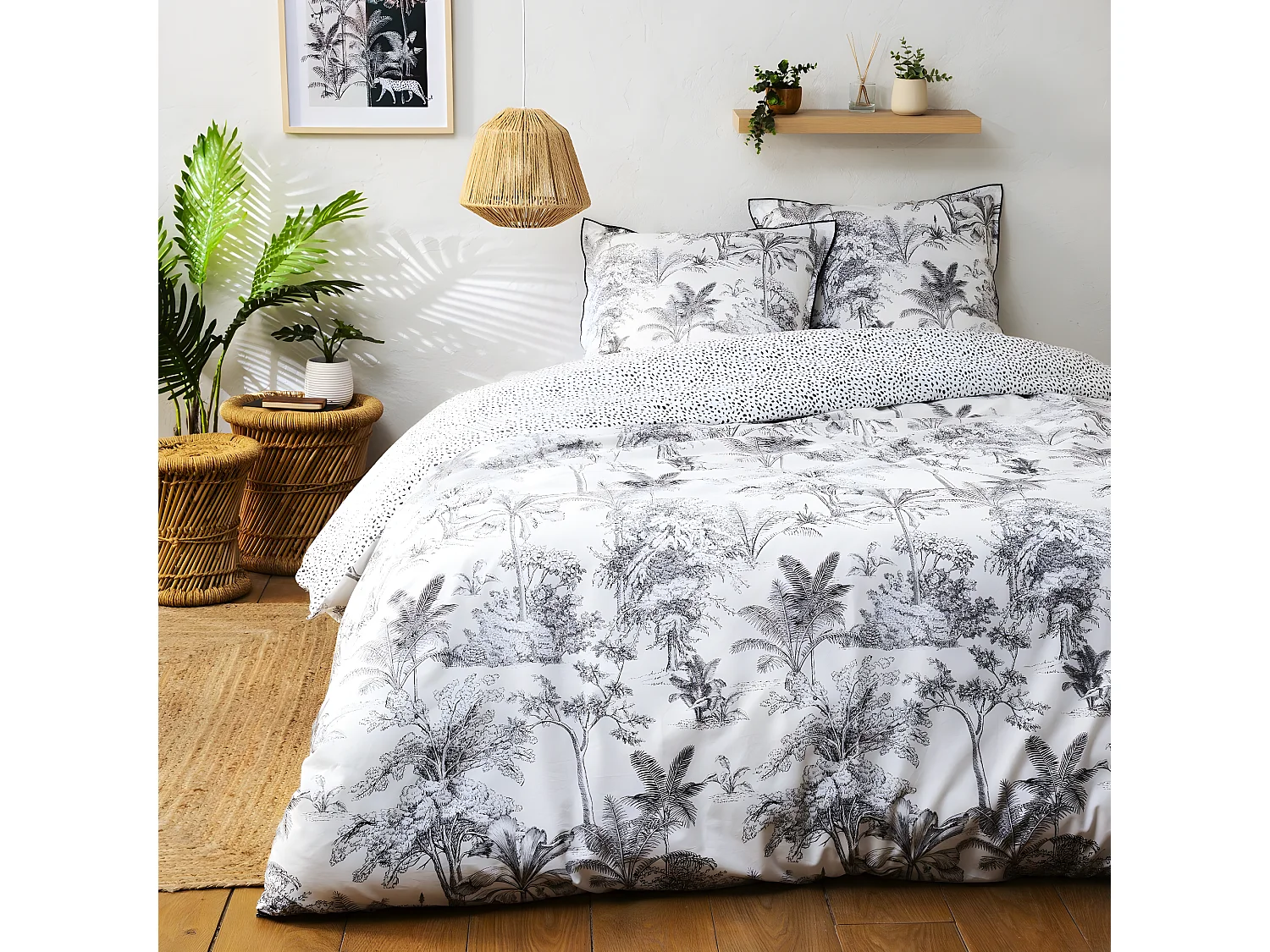 Parure de lit 2 personnes en coton 57 fils imprimé blanc 240x220cm