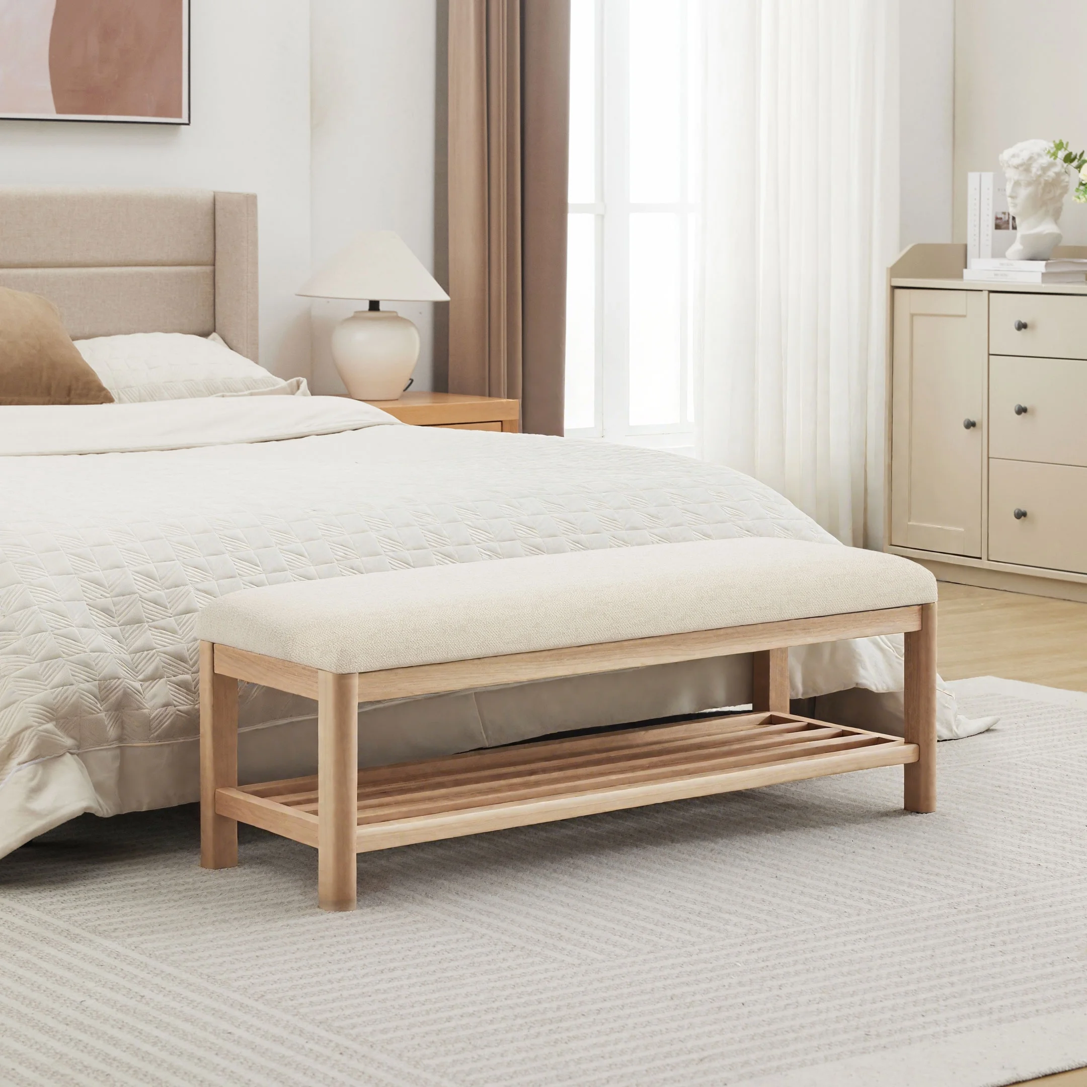 Zesthouse 42.9�?Shoe Bench with Storage, Entryway Bench for Living Room, Bedroom and Hallway, Linen Fabric Upholstered Bench with Solid Wood Shelf, Gray - Image 21
