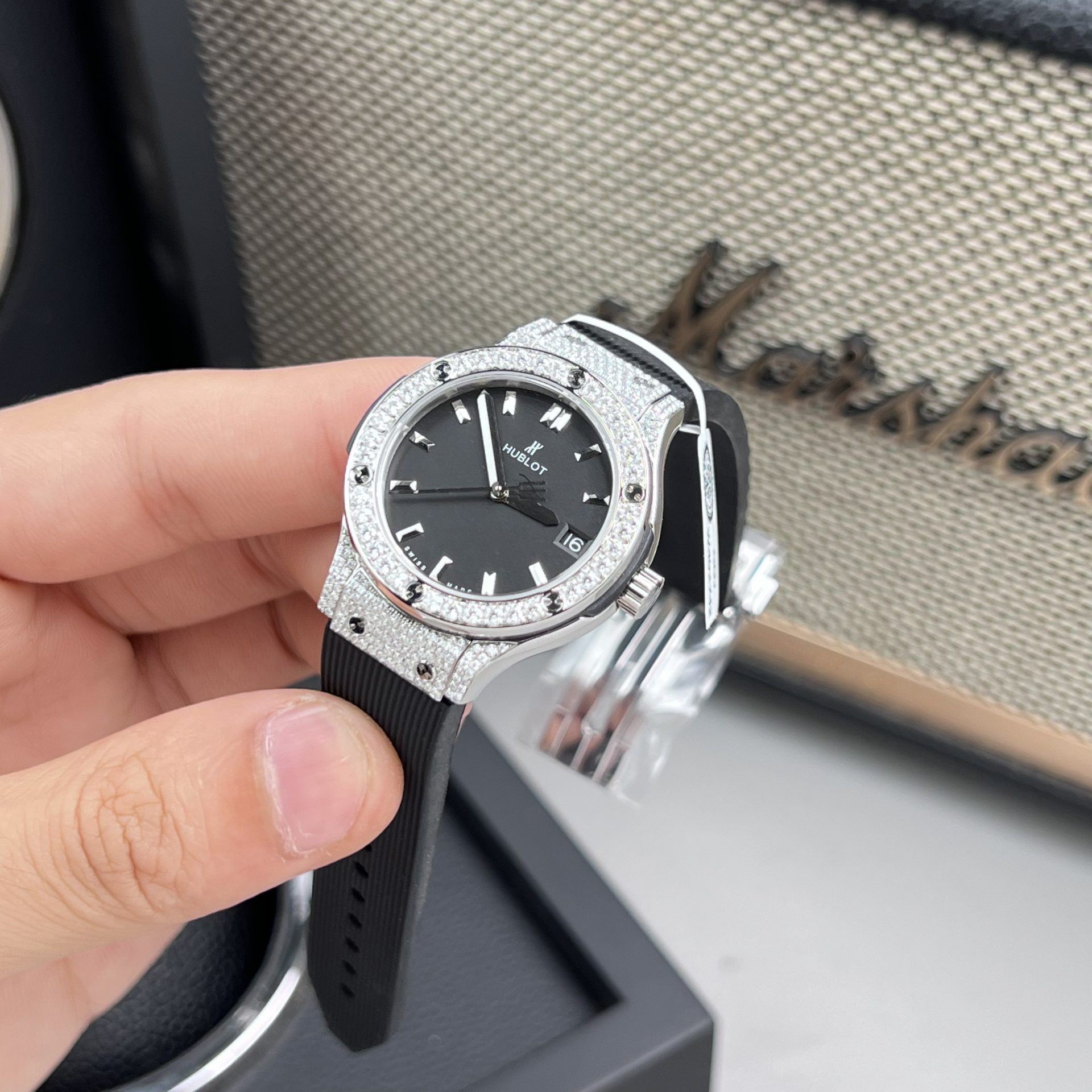 Hublot Classic Fusion Replica Watch Black Dial Custom Moissanite Diamonds 33mm - Top club