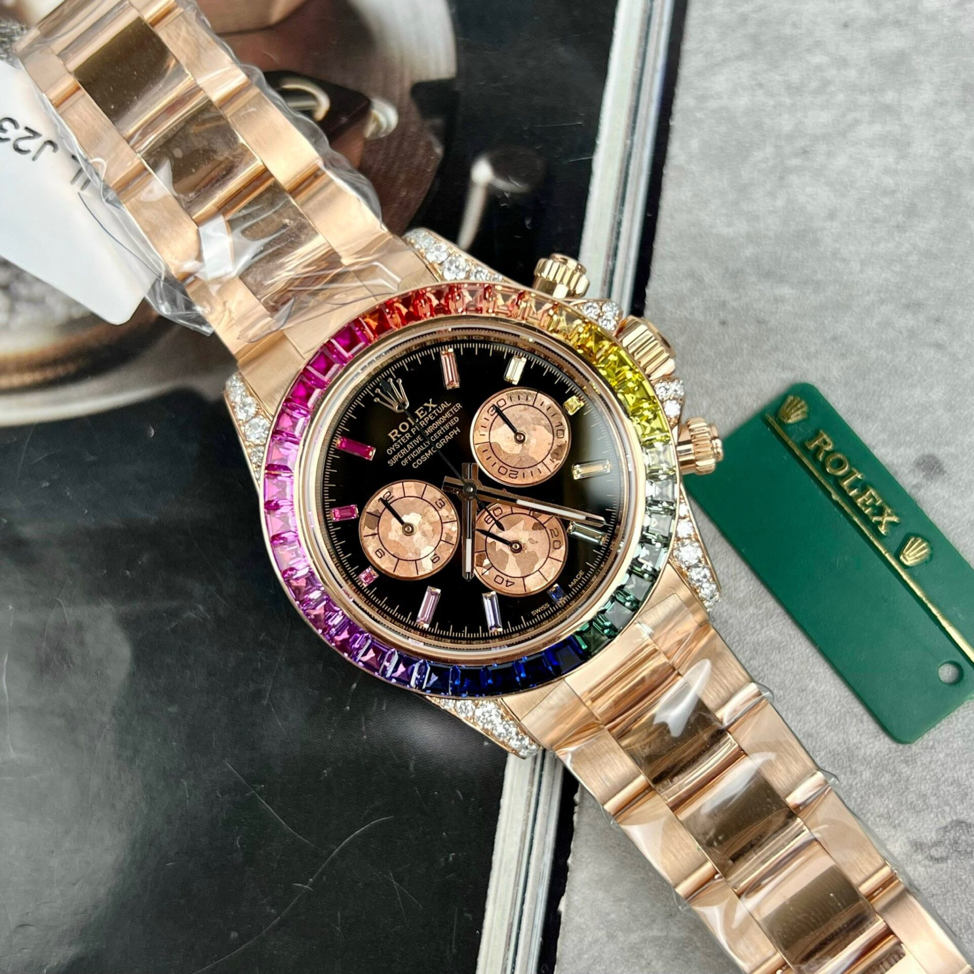 Rolex Daytona Rainbow 116595RBOW Best Replica Watch Gold Wrapped Moissanite Diamond 40mm - Elite Watch Atelier