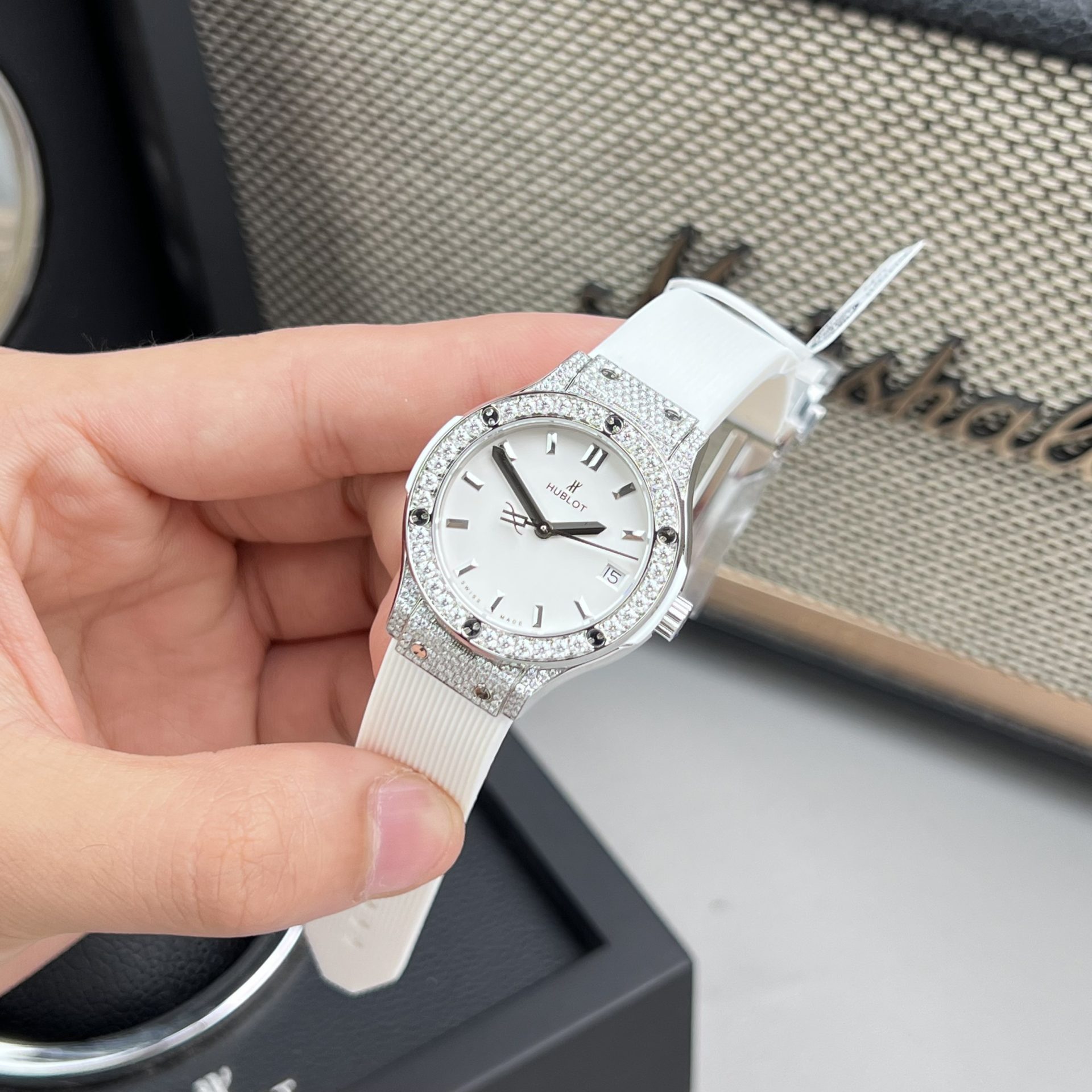 Hublot Replica Watch Classic Fusion White Dial Custom Moissanite Diamonds 33mm - Elite Watch Atelier