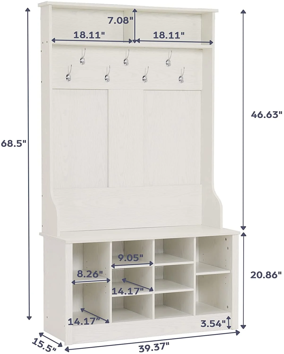 Hall Tree with Storage Bench, 3-in-1 Entryway Bench with Coat Rack, Hall Tree with Bench and Shoe Storage, Hall Tree with Adjustable Shoe Storage and Hanging Hooks, Embossed white