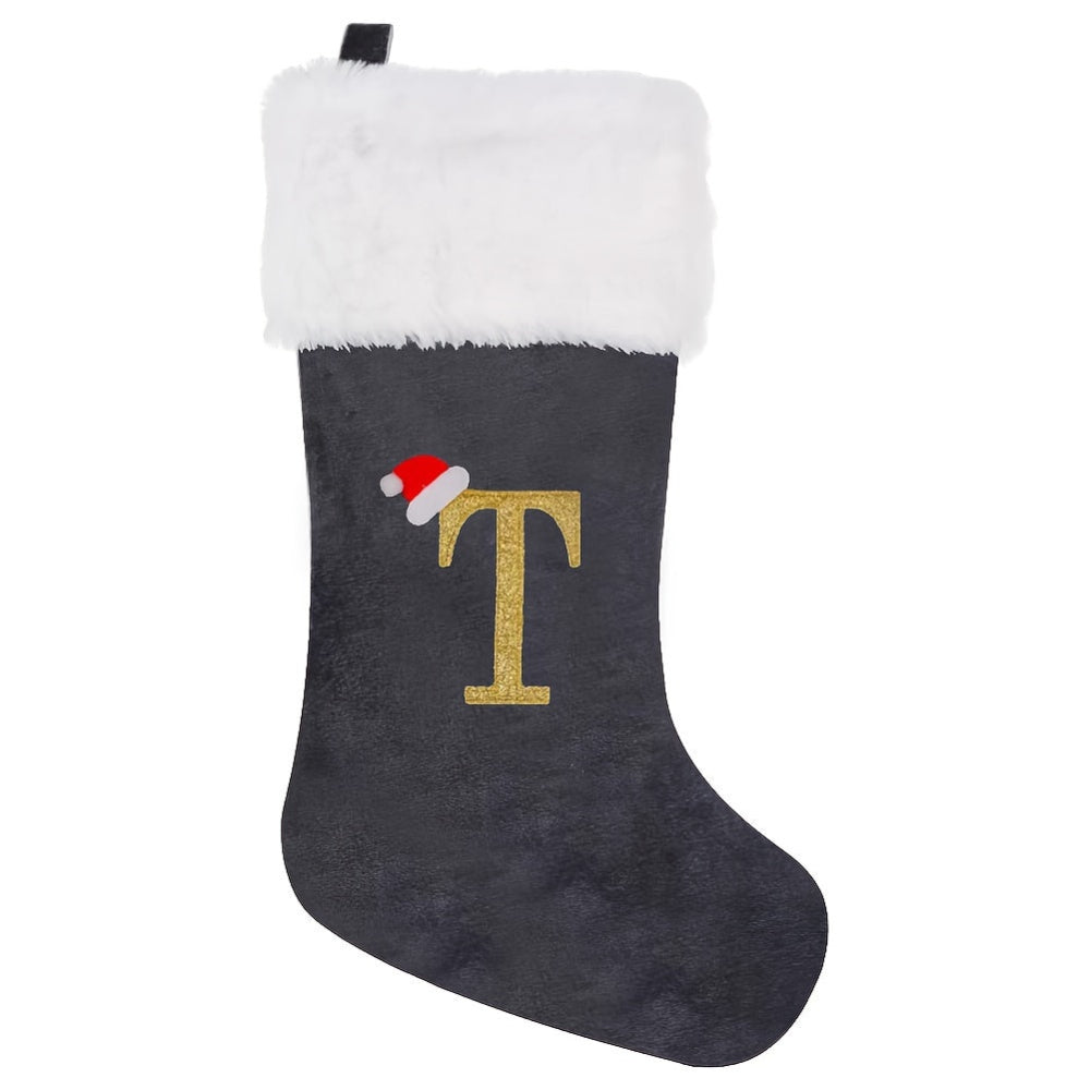 Gepersonaliseerde Fluwelen Kerstsok met Monogram – Modern Grijs Ontwerp