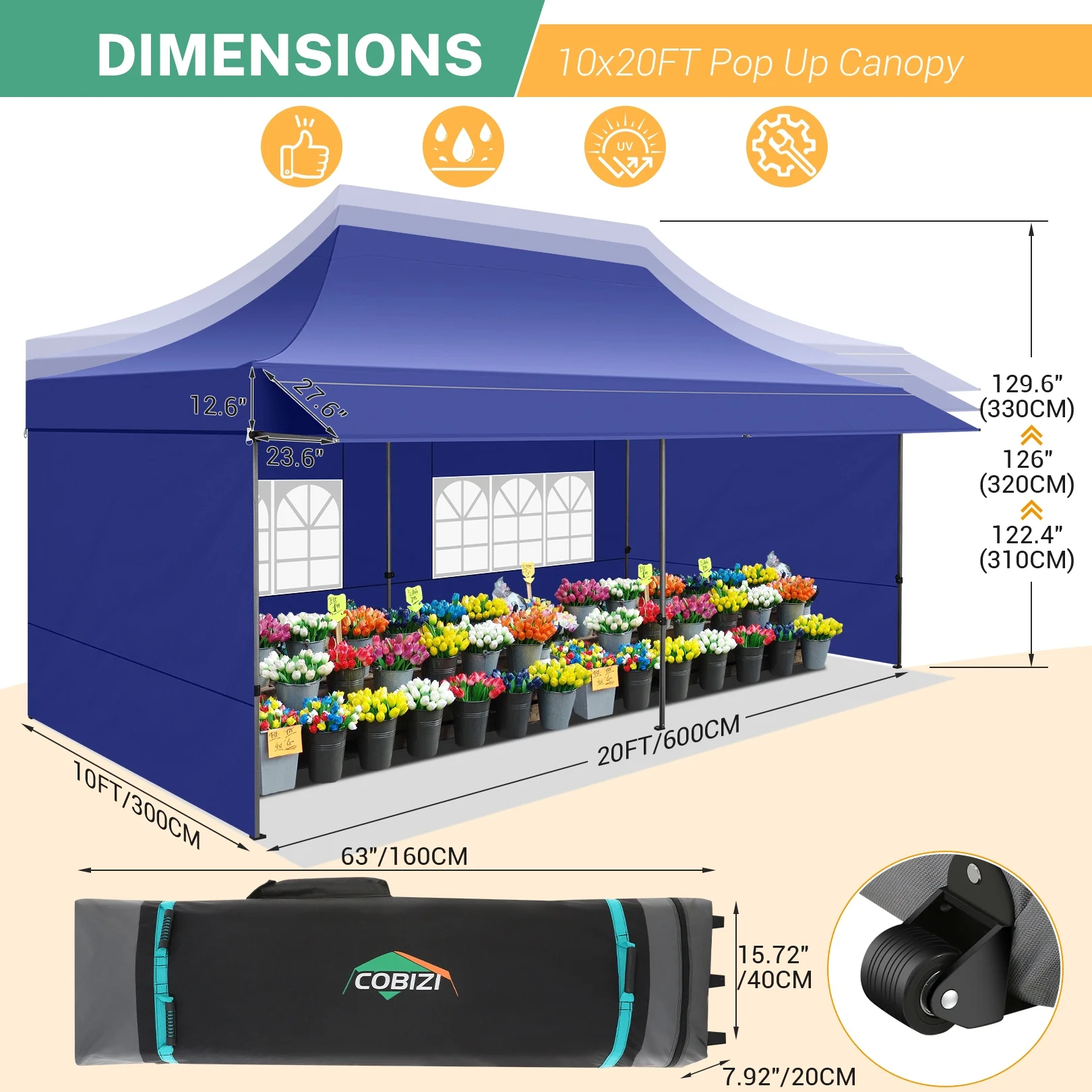 COBIZI 10x20 Pop Up Canopy Heavy Duty Party Tent with Removable Awning and Sidewalls,Easy Up Outdoor Wedding Canopy,Gazebo All Season Windproof&Waterproof with Roller Bag UPF 50+,Black - Image 33