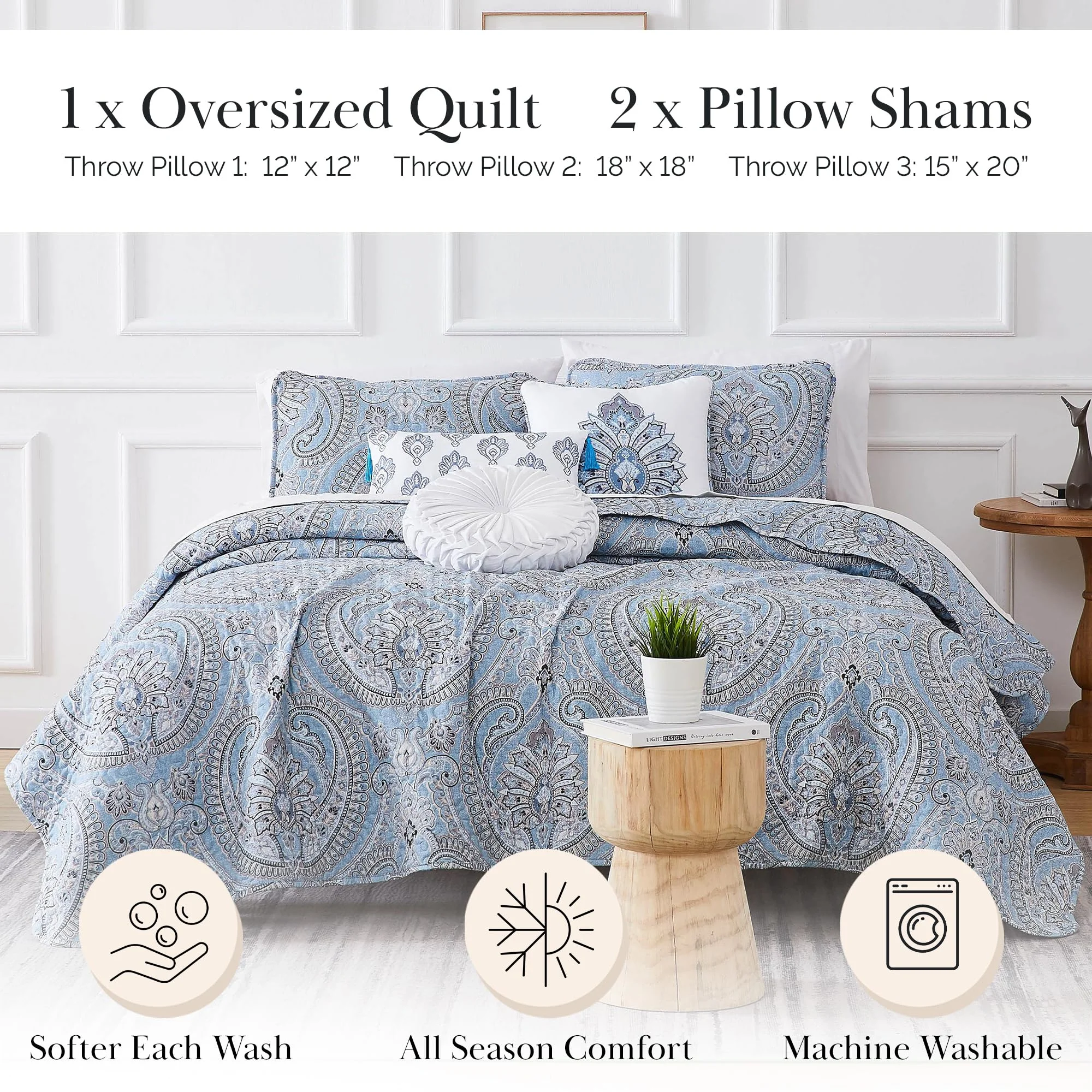 Southshore Fine LinensOversized 5-Piece Twin / Twin XL Quilt Bedding Set with two matching shams and three decorative throw pillows, oversized Paisley farmhouse bedspread Pure Melody Aqua