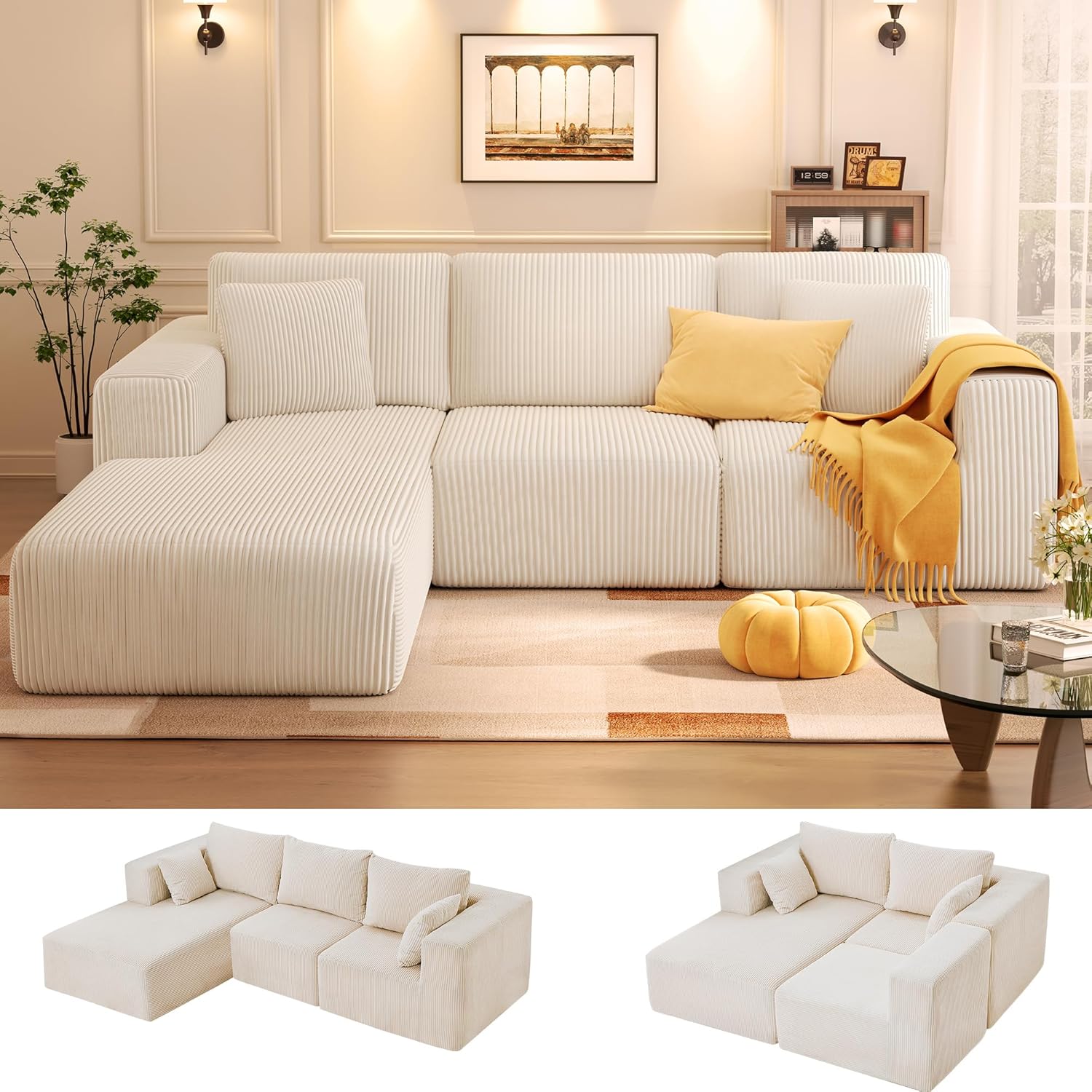KINGYES 107'' Modular Sectional Sofa, L Shaped Cloud Couch for Living Room, Modern Boneless Sofa with Chaise for Bedroom, Beige