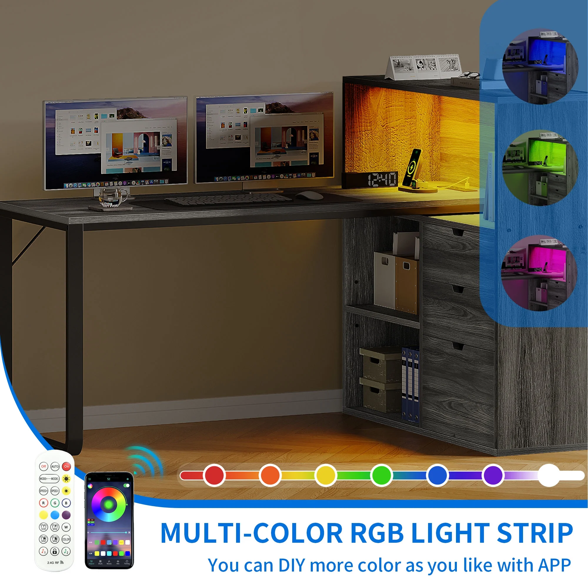 Dextrus L Shaped Desk with Power Outlets & LED Lights, Computer Desk with 3 Drawers and 3 Storage Shelves, White Office Desk Corner Desk for Home Office - Image 22