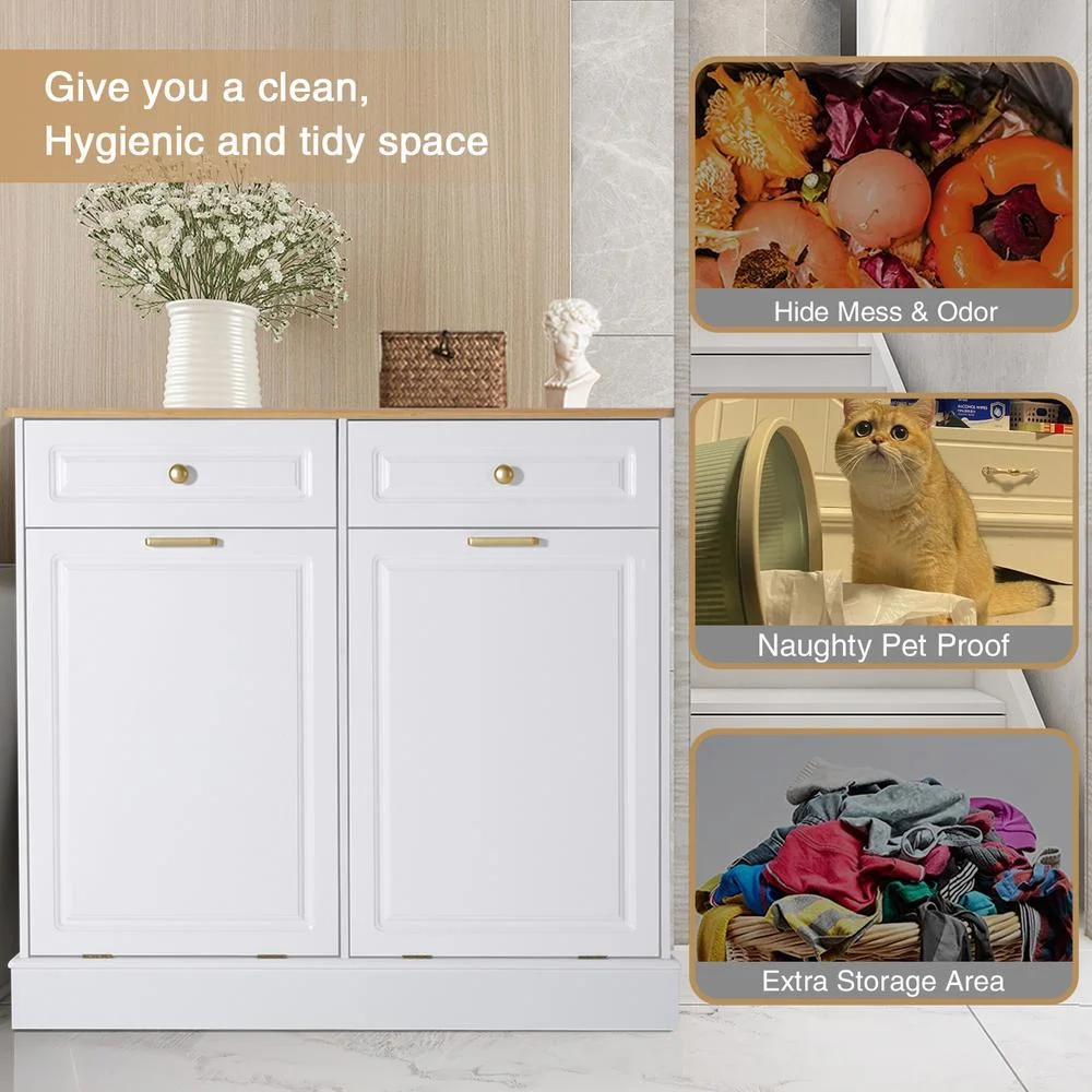 Eclife 20 Gallons Double Tilt Out Trash Cabinet Wood Tabletop, Upgrade Gray, WB010GY - Image 25