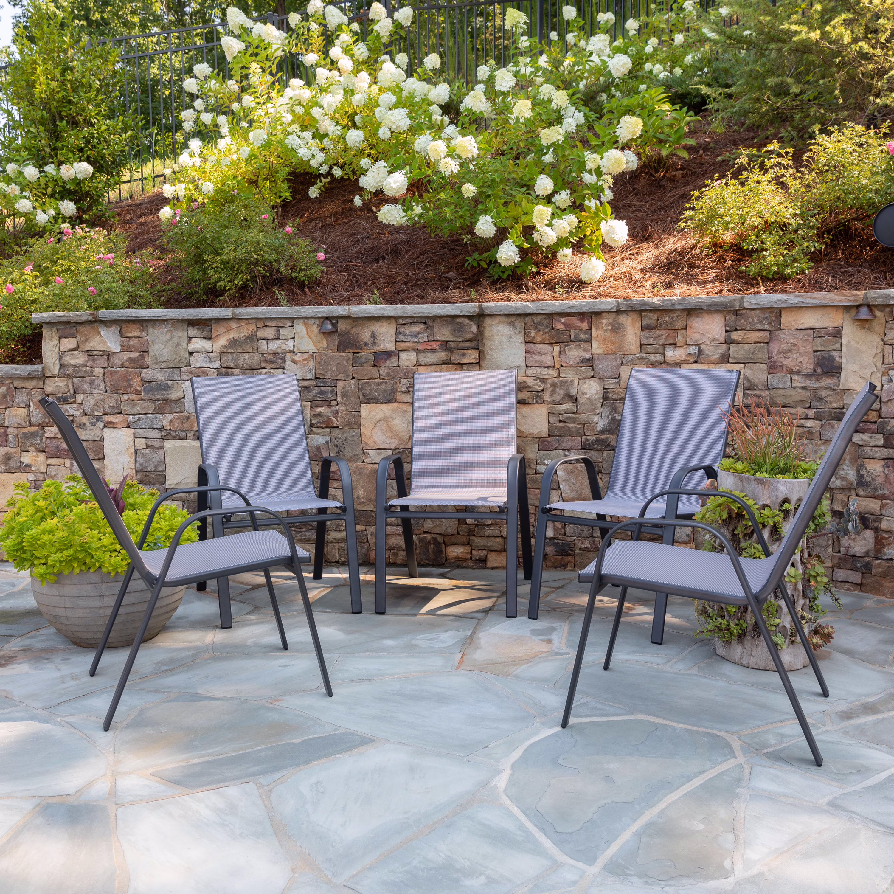 BizChair 5 Pack Black Outdoor Stack Chair with Flex Comfort Material and Metal Frame - Image 5
