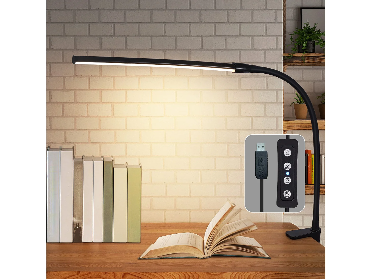 NETTLIFE Lampe de bureau LED à pince noire 3 couleurs 5 niveaux de luminosité USB 5W lampe lumière du jour protection des yeux flexible