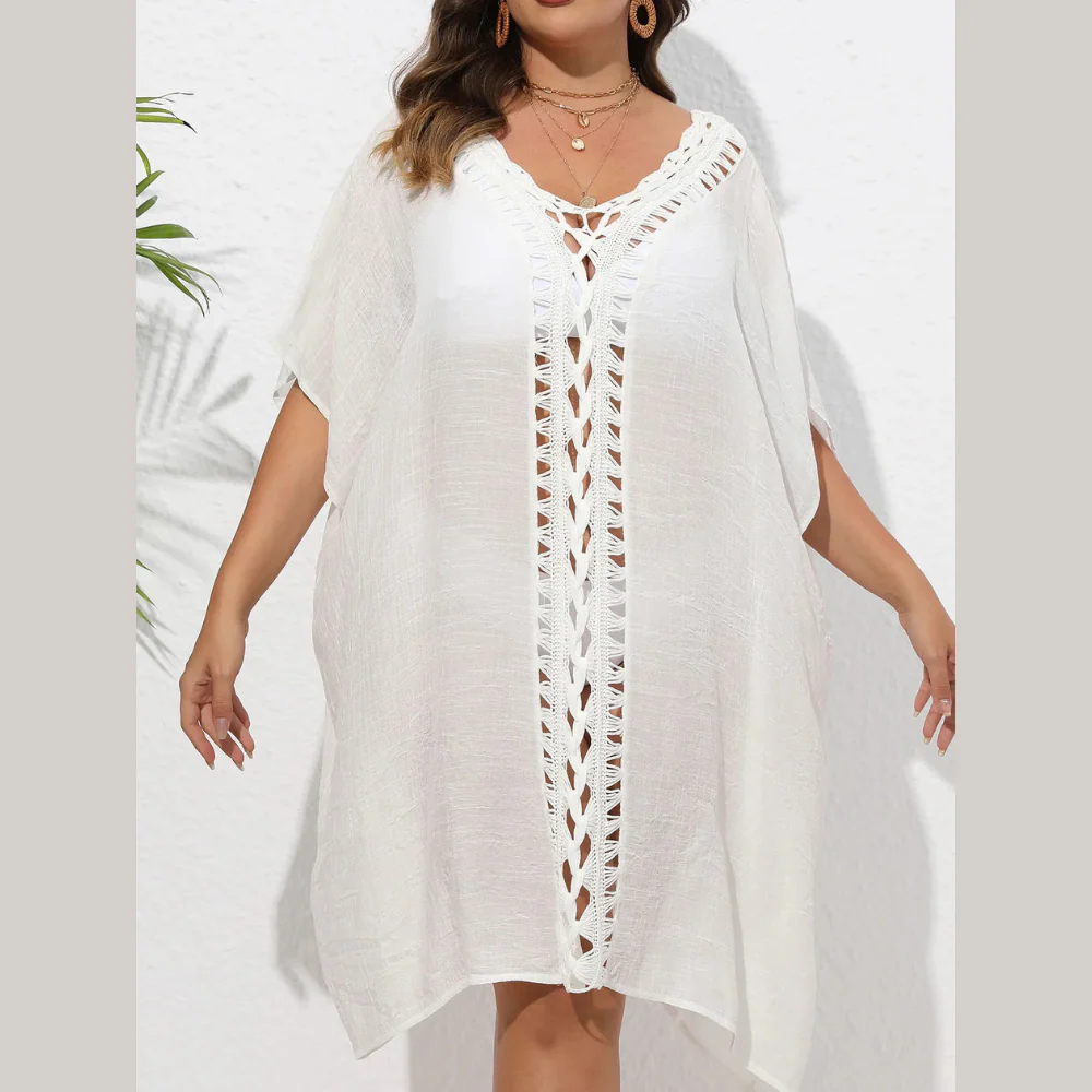 Crochet Trim V-Neck Beach Cover Up Dress - ZKZOOK
