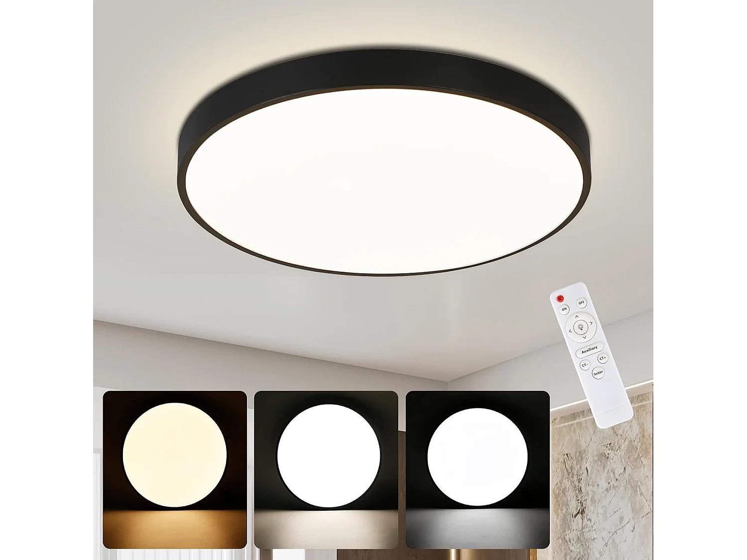 NETTLIFE Plafonnier LED dimmable avec télécommande 36W lampe de salle de bain noir IP44 étanche plat 37cm rond