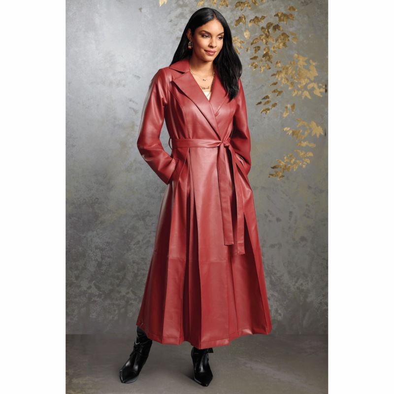 Leah Faux-Leather Women's Full-Length Trench Coat with Belt - MIDNIGHT VELVET CATALOG