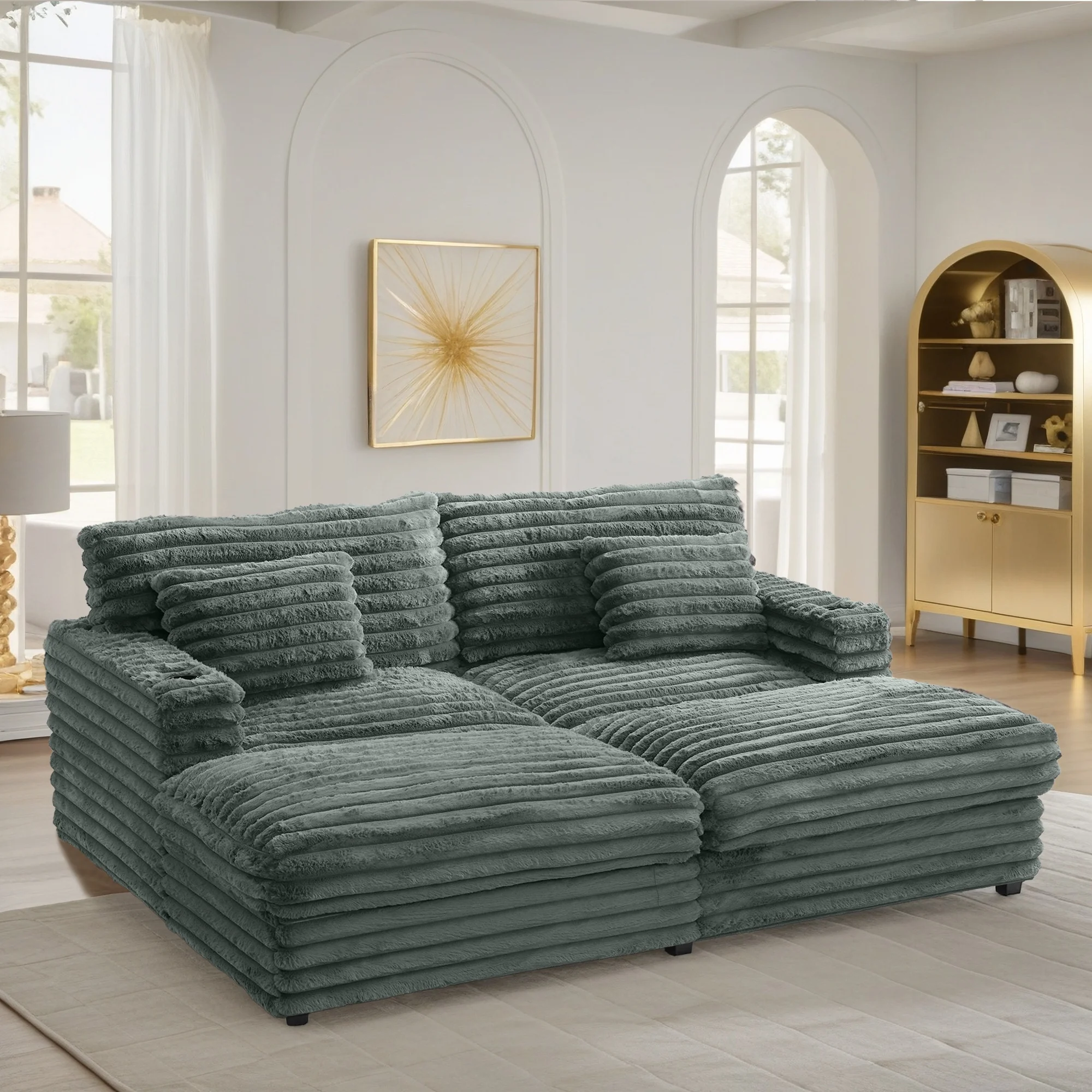 Oversized Double Chaise Lounge, Faux Fur Upholstered Deep Seat Sofa with 2 Pillows, 2 Cupholders, and Dual USB Ports - Image 49